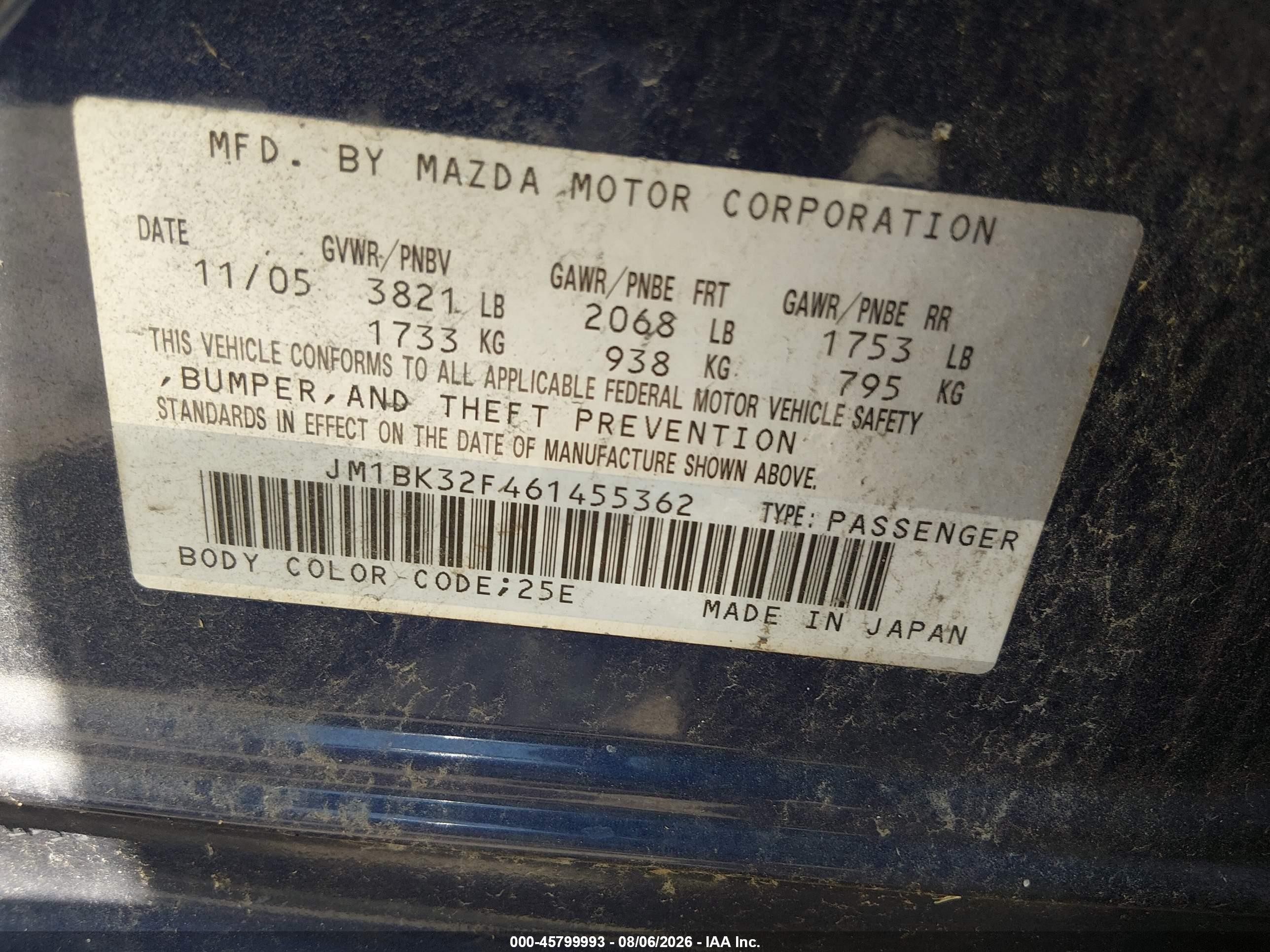 2006 Mazda Mazda3 I Touring Blue vin: JM1BK32F461455362