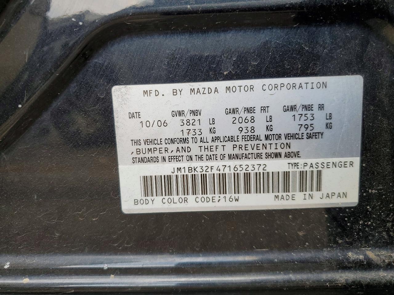2007 Mazda 3 I Black vin: JM1BK32F471652372