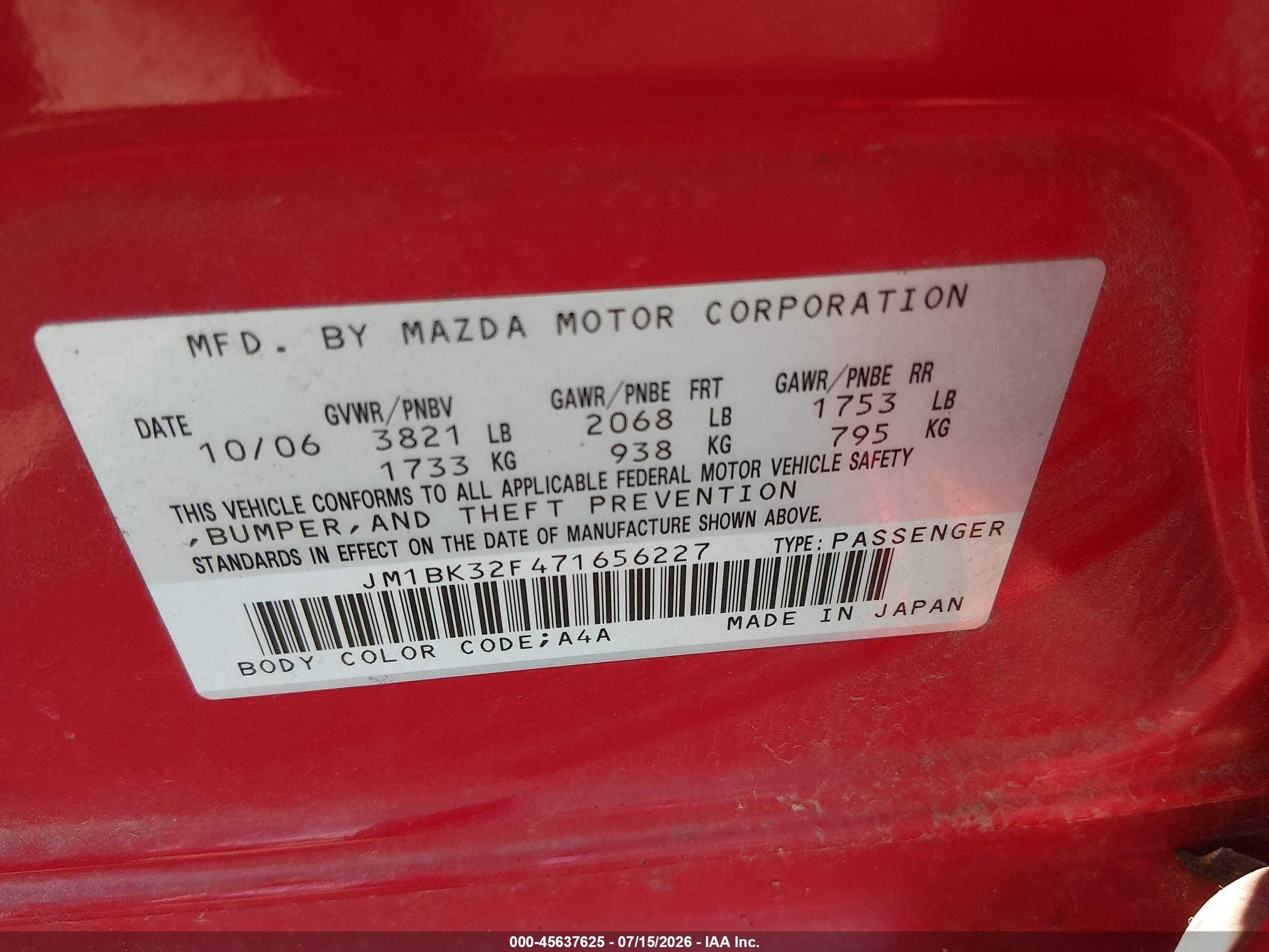 2007 Mazda Mazda3 I Red vin: JM1BK32F471656227