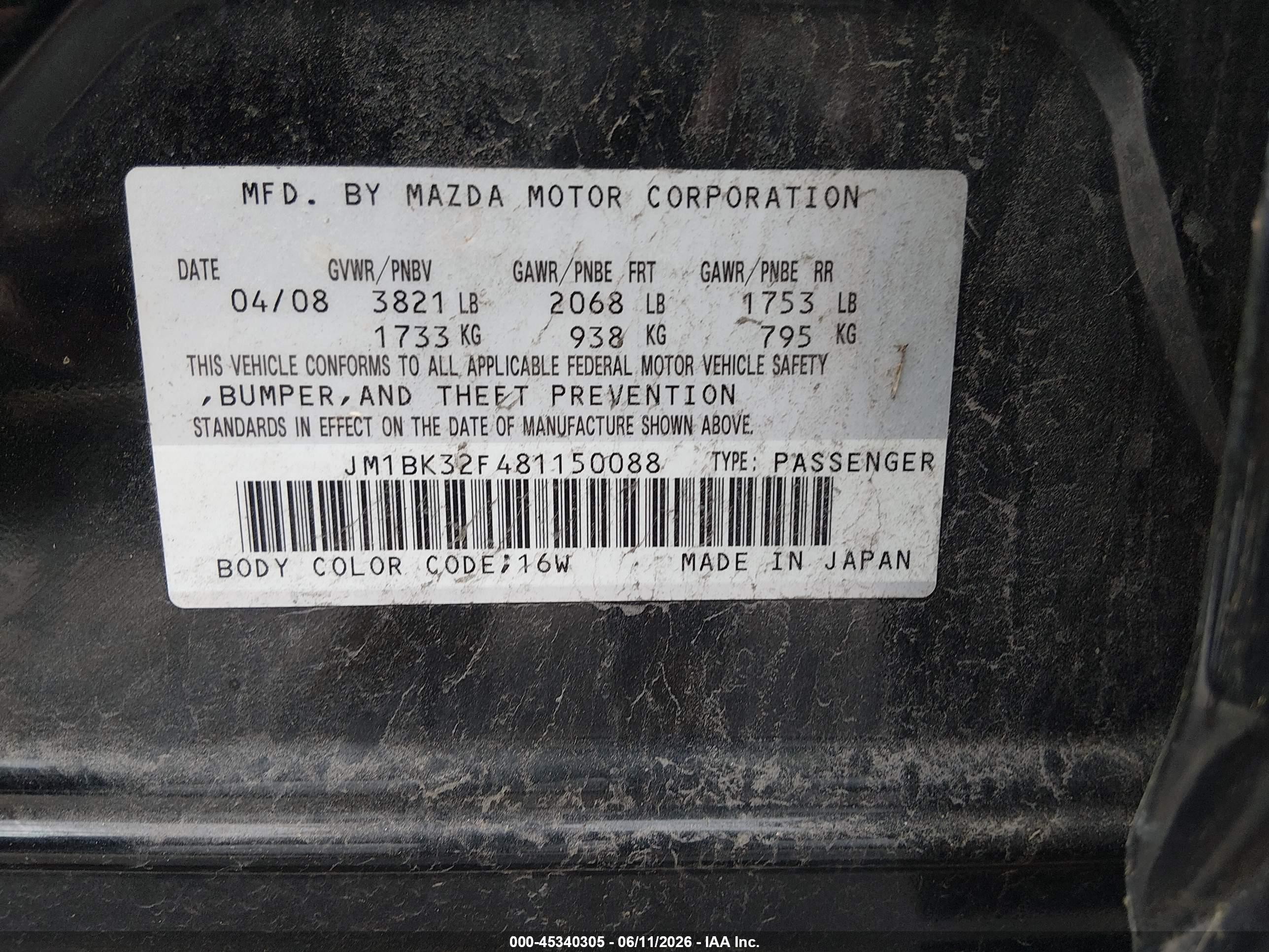 2008 Mazda Mazda3 I Touring Value Blue vin: JM1BK32F481150088