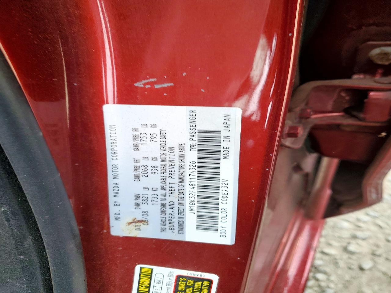 2008 Mazda 3 I Maroon vin: JM1BK32F481174326
