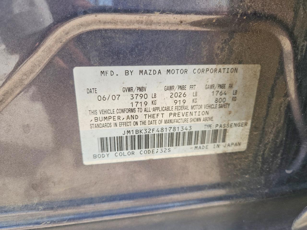2008 Mazda 3 I Gray vin: JM1BK32F481781343