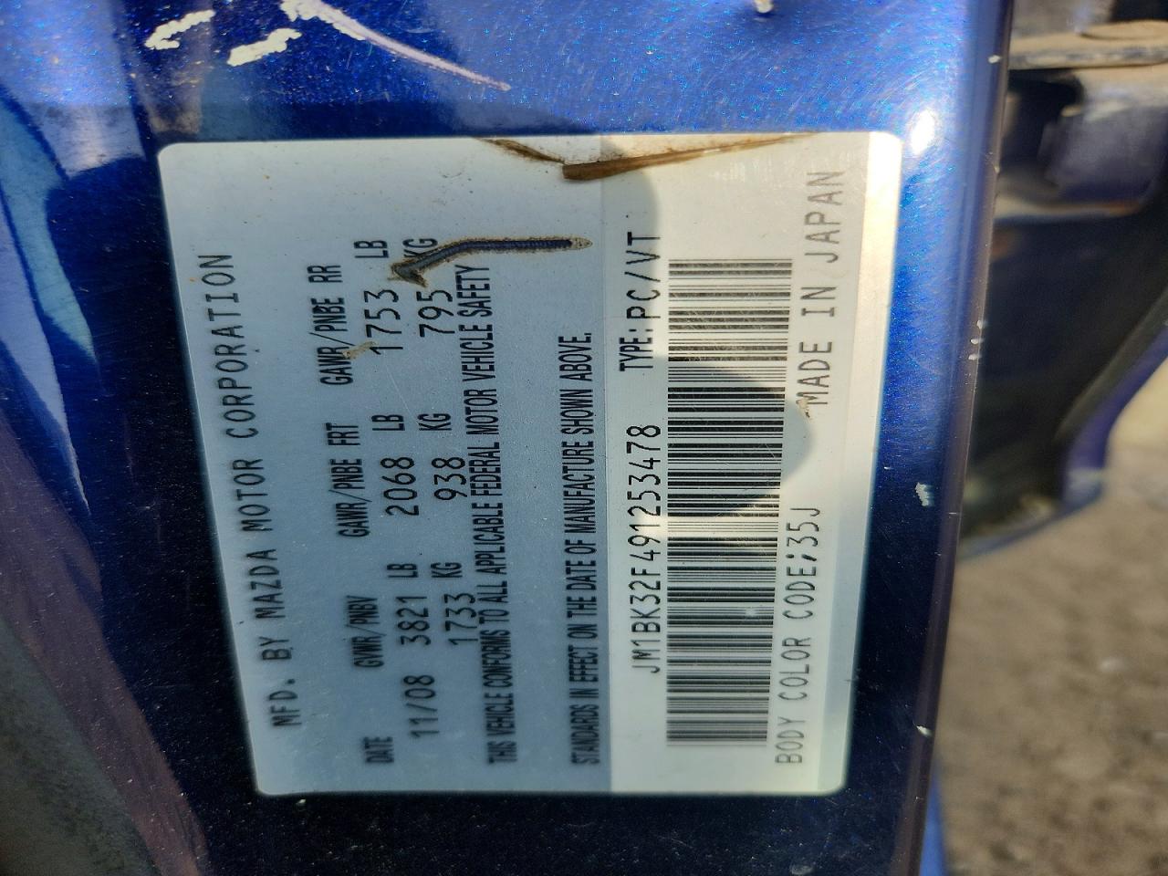 2009 Mazda 3 I Blue vin: JM1BK32F491253478