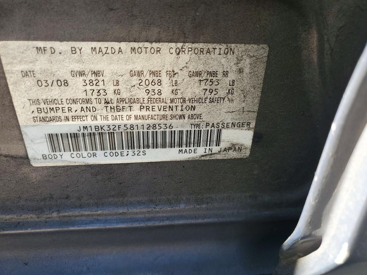 2008 Mazda 3 I Gray vin: JM1BK32F581128536