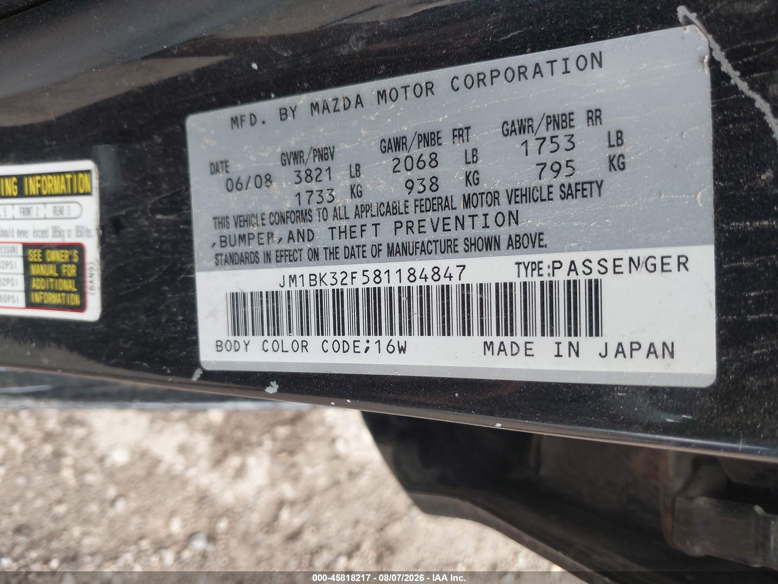 2008 Mazda Mazda3 I Touring Value Black vin: JM1BK32F581184847