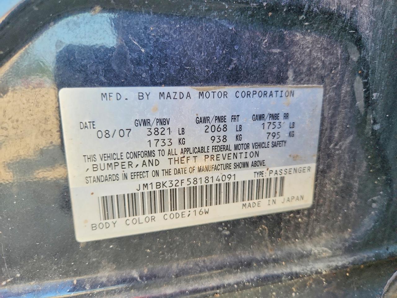 2008 Mazda 3 I Black vin: JM1BK32F581814091