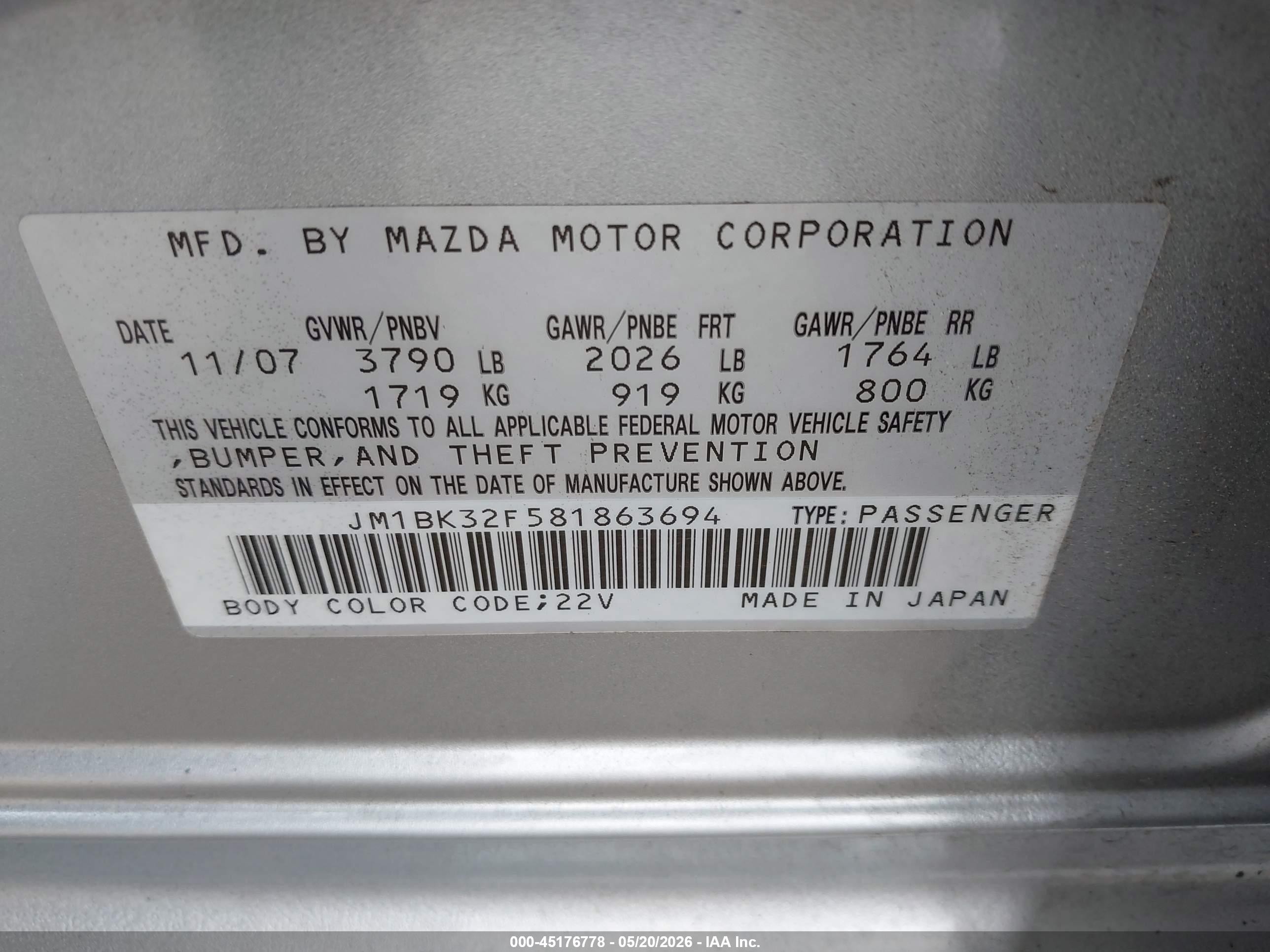 2008 Mazda Mazda3 I Silver vin: JM1BK32F581863694