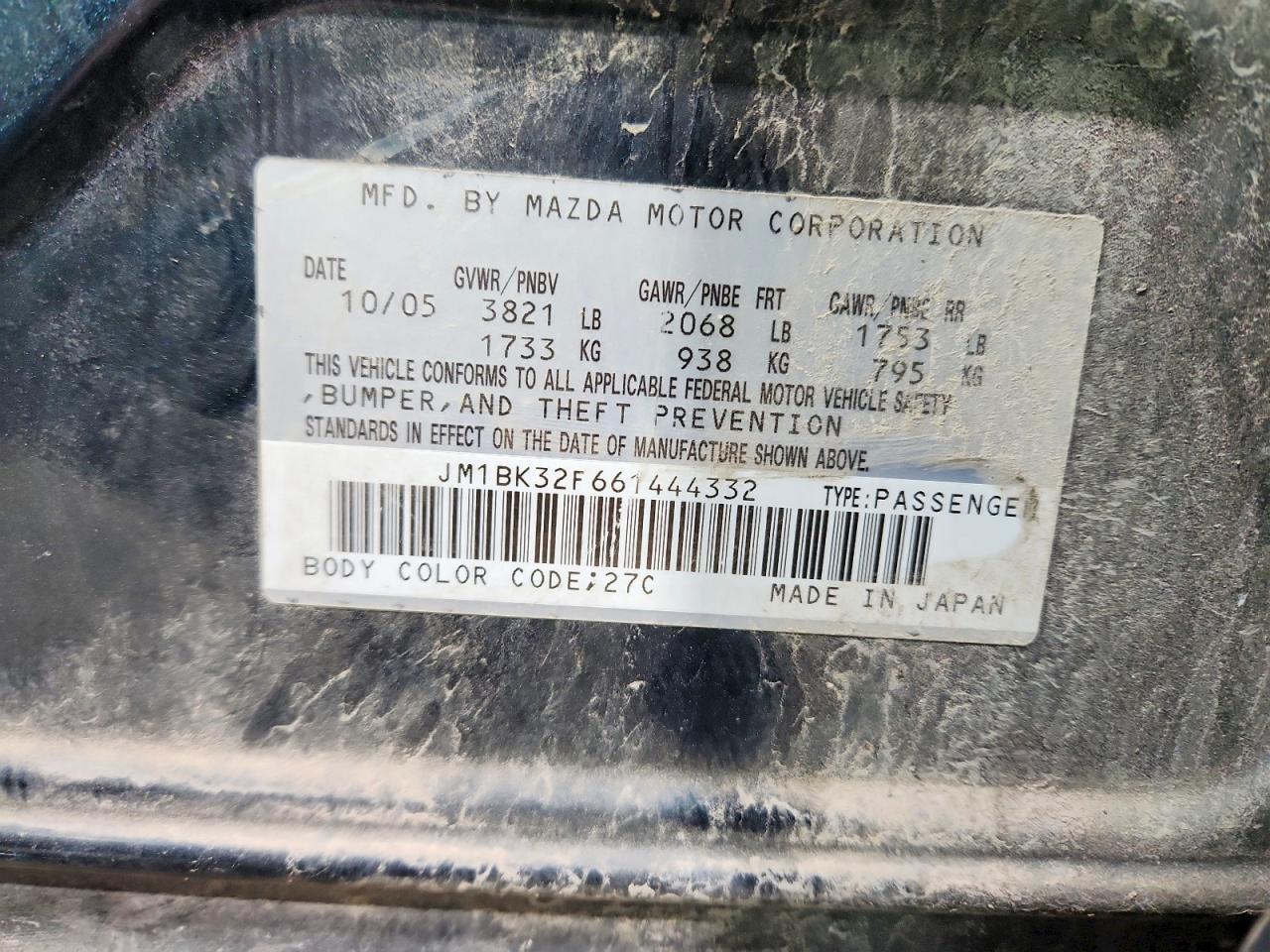 2006 Mazda 3 I Gray vin: JM1BK32F661444332