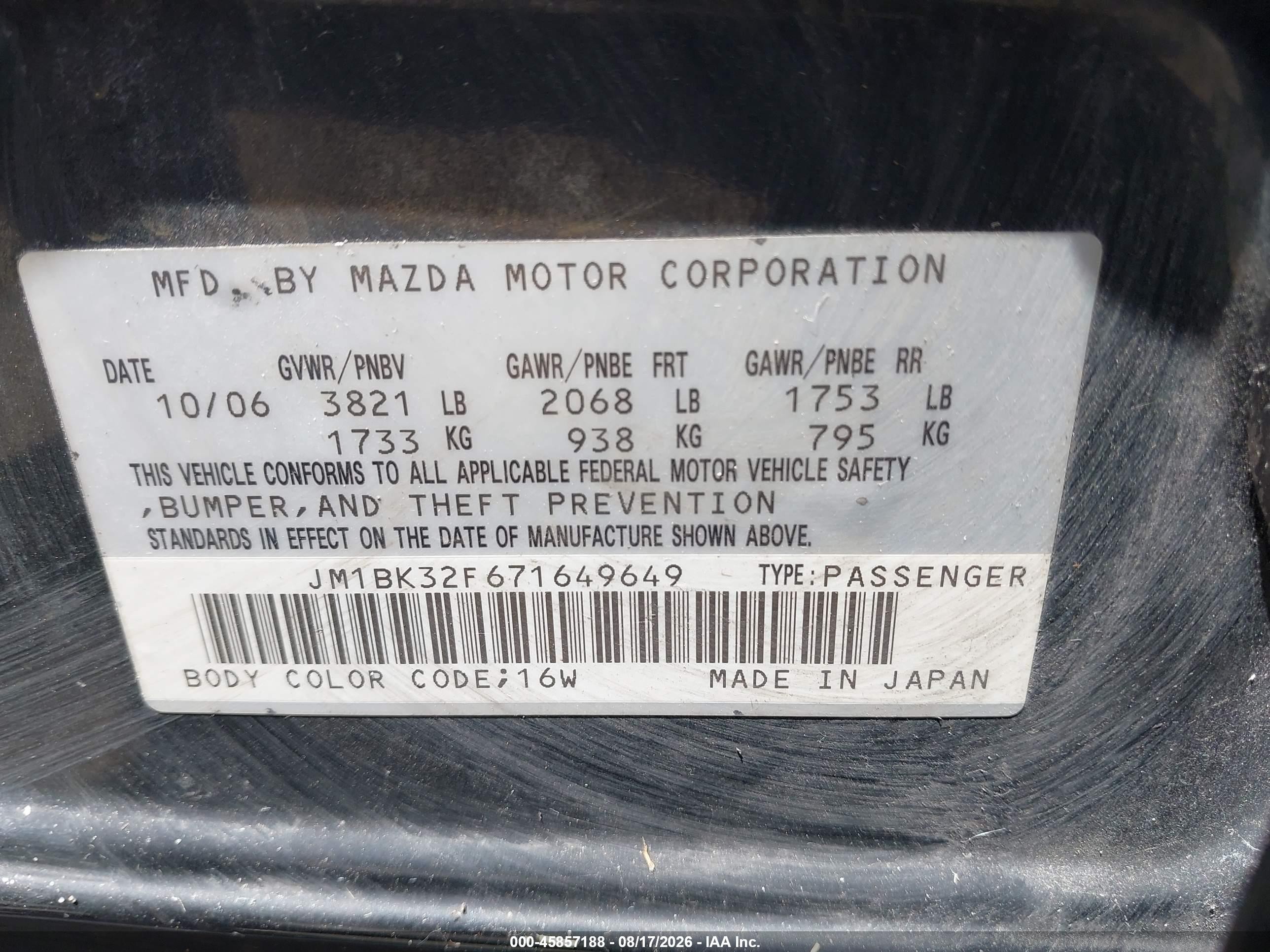 2007 Mazda Mazda3 I Black vin: JM1BK32F671649649
