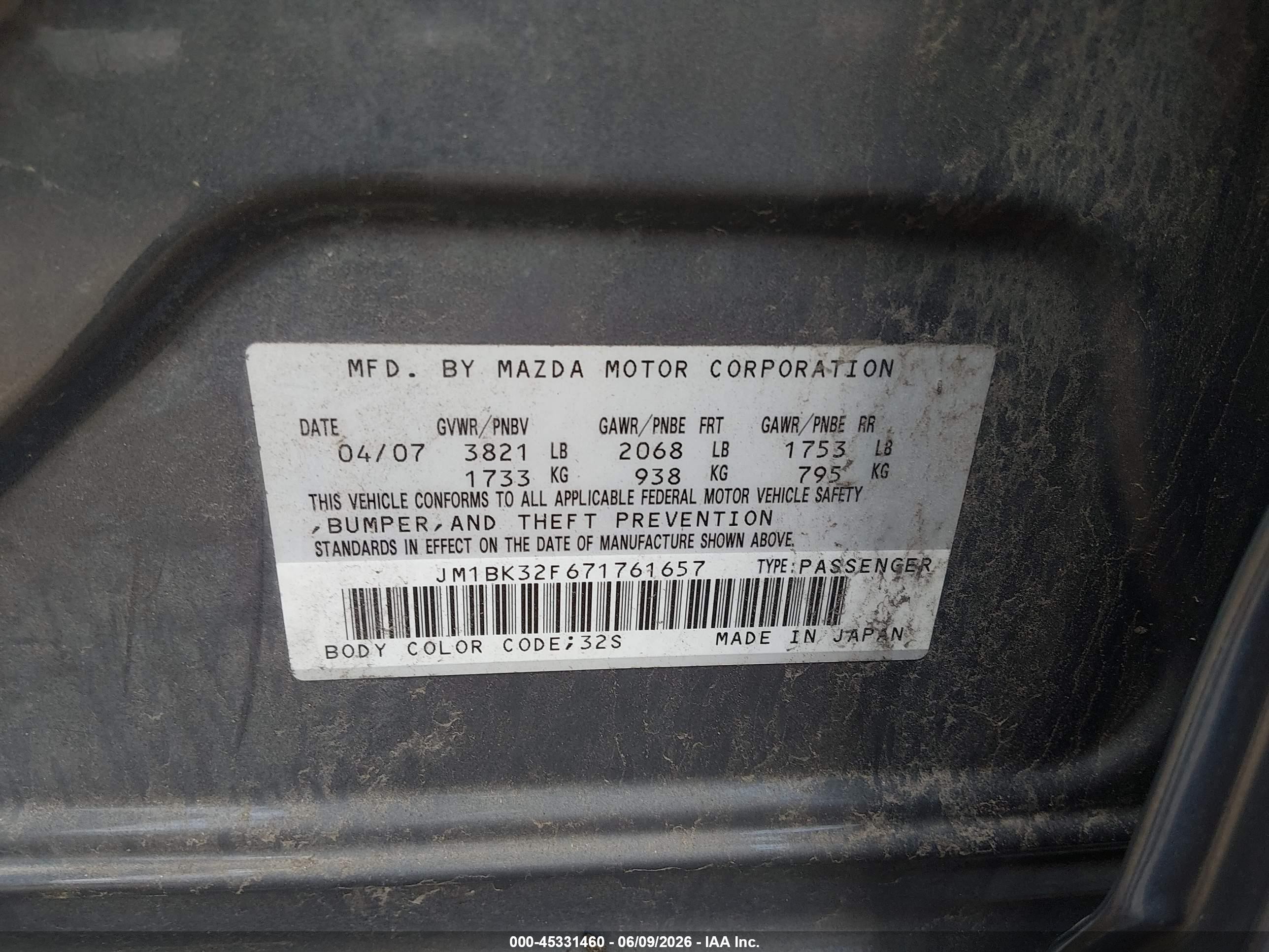2007 Mazda Mazda3 I Gray vin: JM1BK32F671761657
