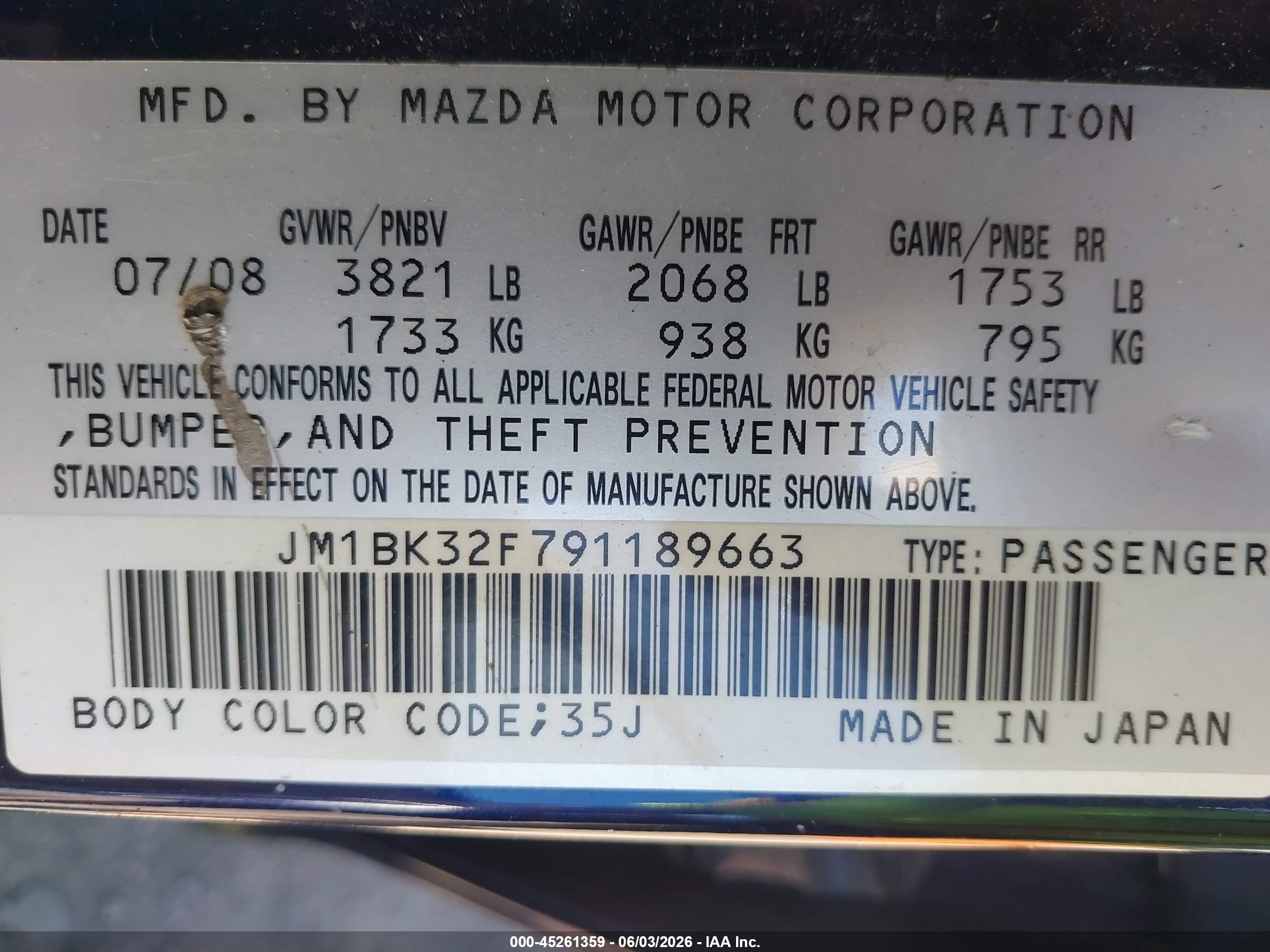 2009 Mazda Mazda3 I Blue vin: JM1BK32F791189663