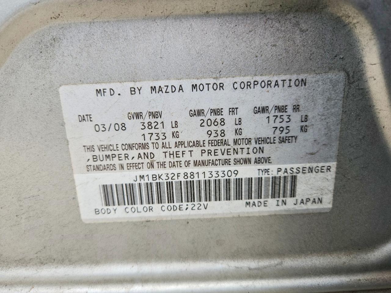 2008 Mazda 3 I Silver vin: JM1BK32F881133309