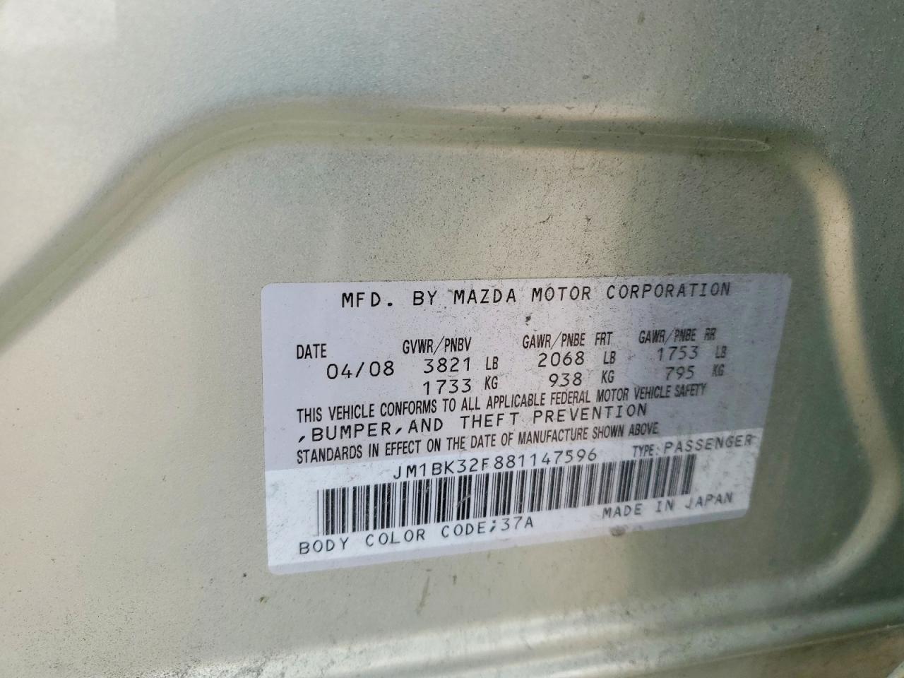 2008 Mazda 3 I Green vin: JM1BK32F881147596