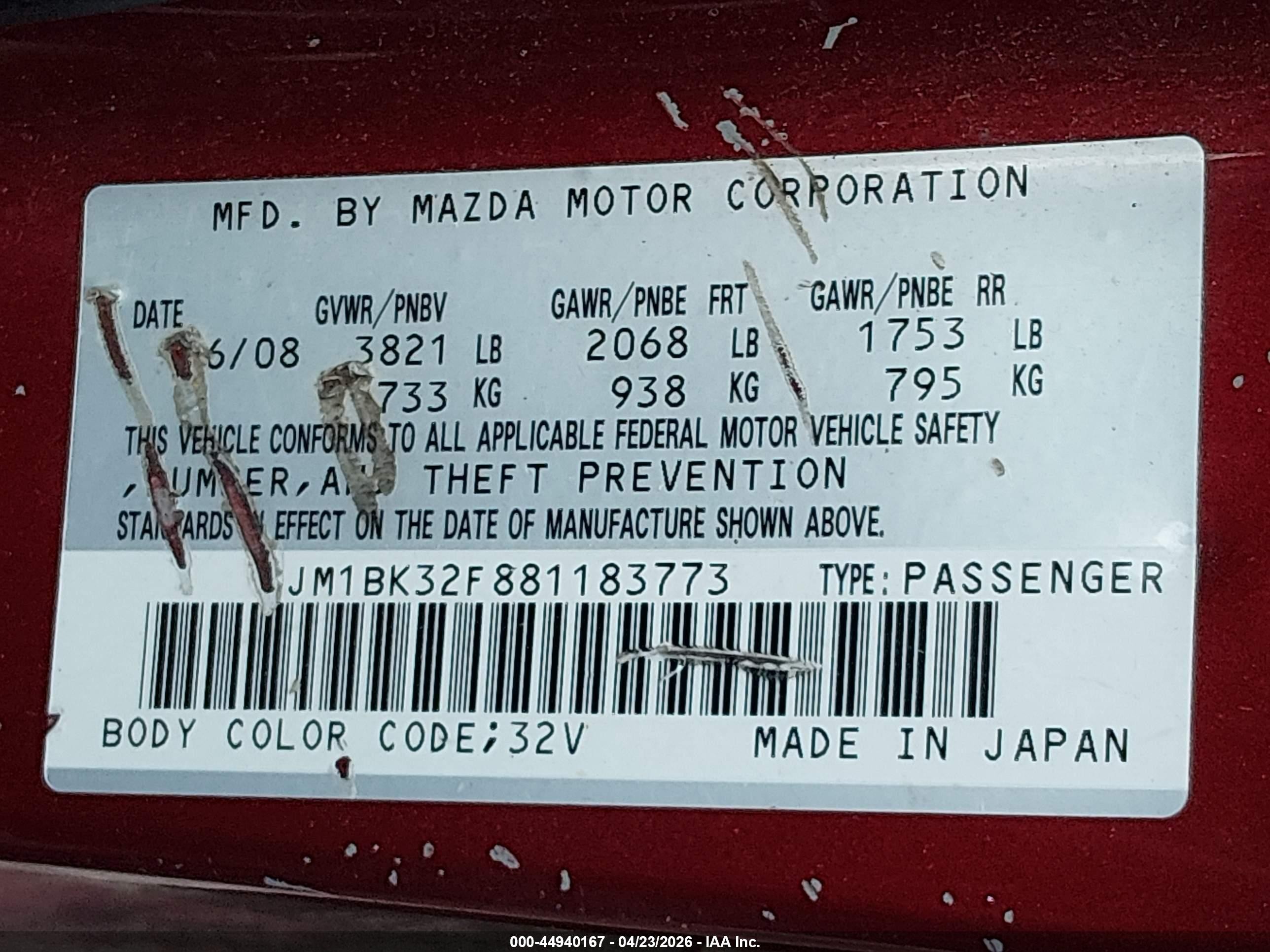 2008 Mazda Mazda3 I Touring Value Red vin: JM1BK32F881183773