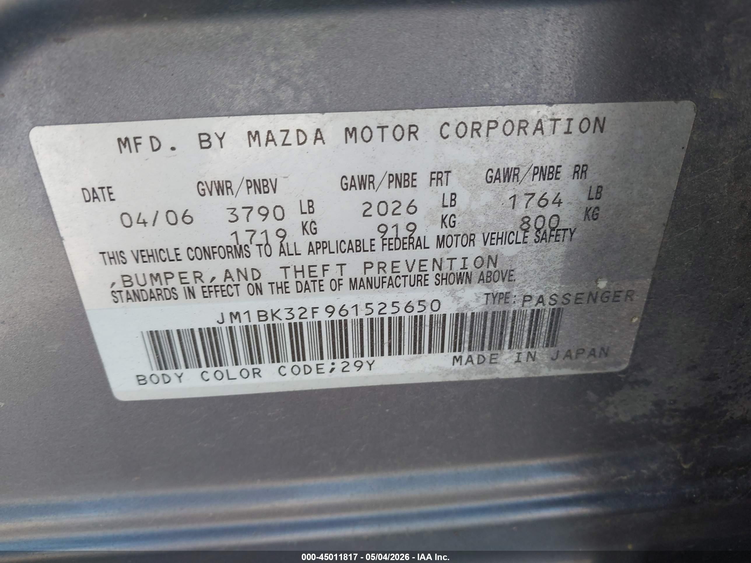 2006 Mazda Mazda3 I Silver vin: JM1BK32F961525650