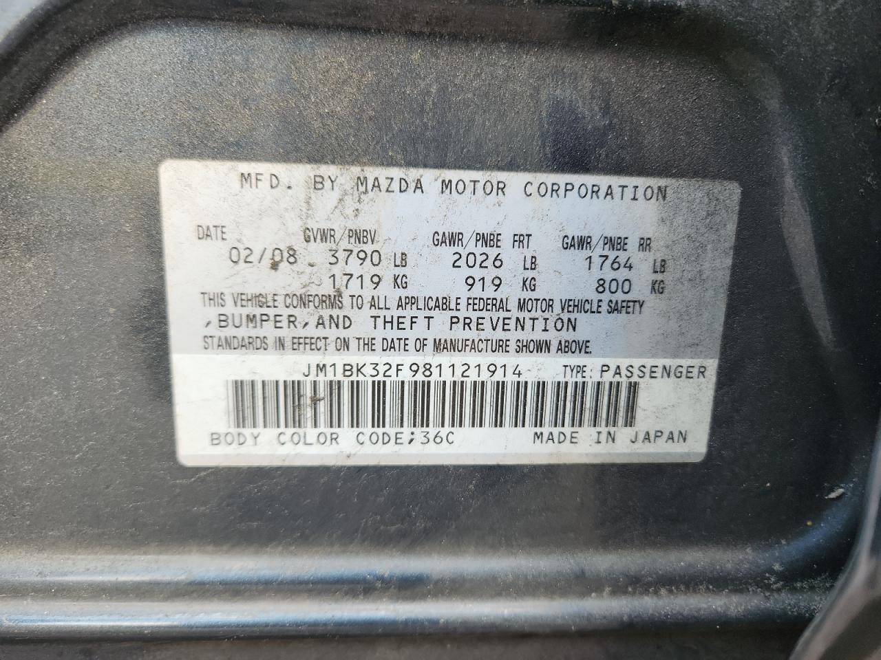 2008 Mazda 3 I Gray vin: JM1BK32F981121914