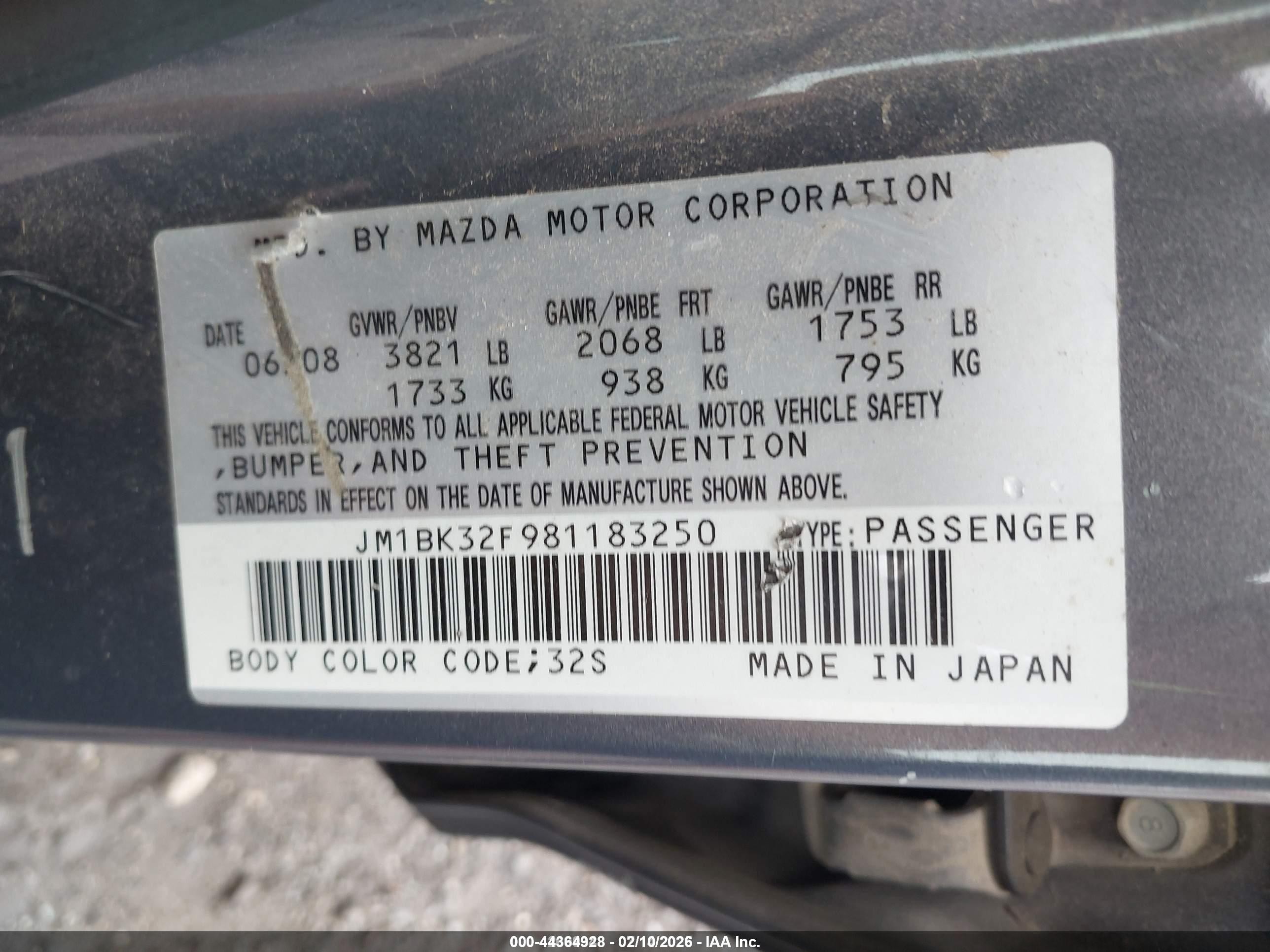 2008 Mazda Mazda3 I Touring Value Gray vin: JM1BK32F981183250