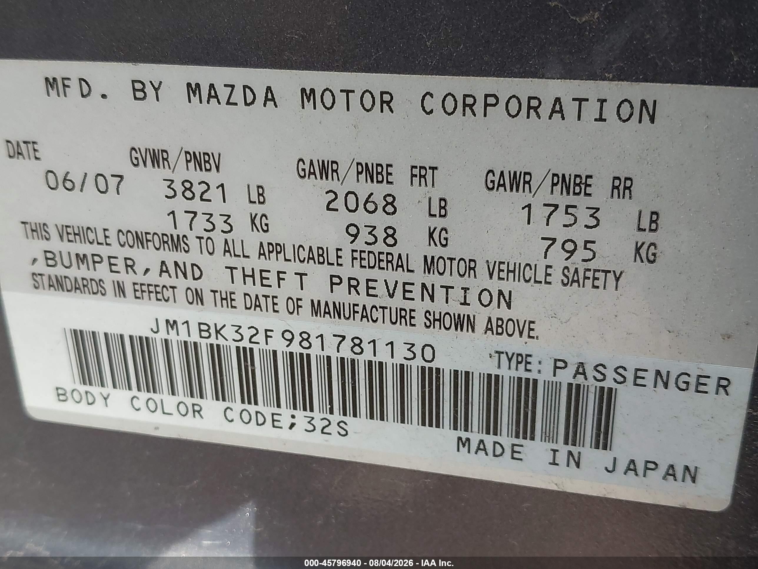 2008 Mazda Mazda3   Gray vin: JM1BK32F981781130