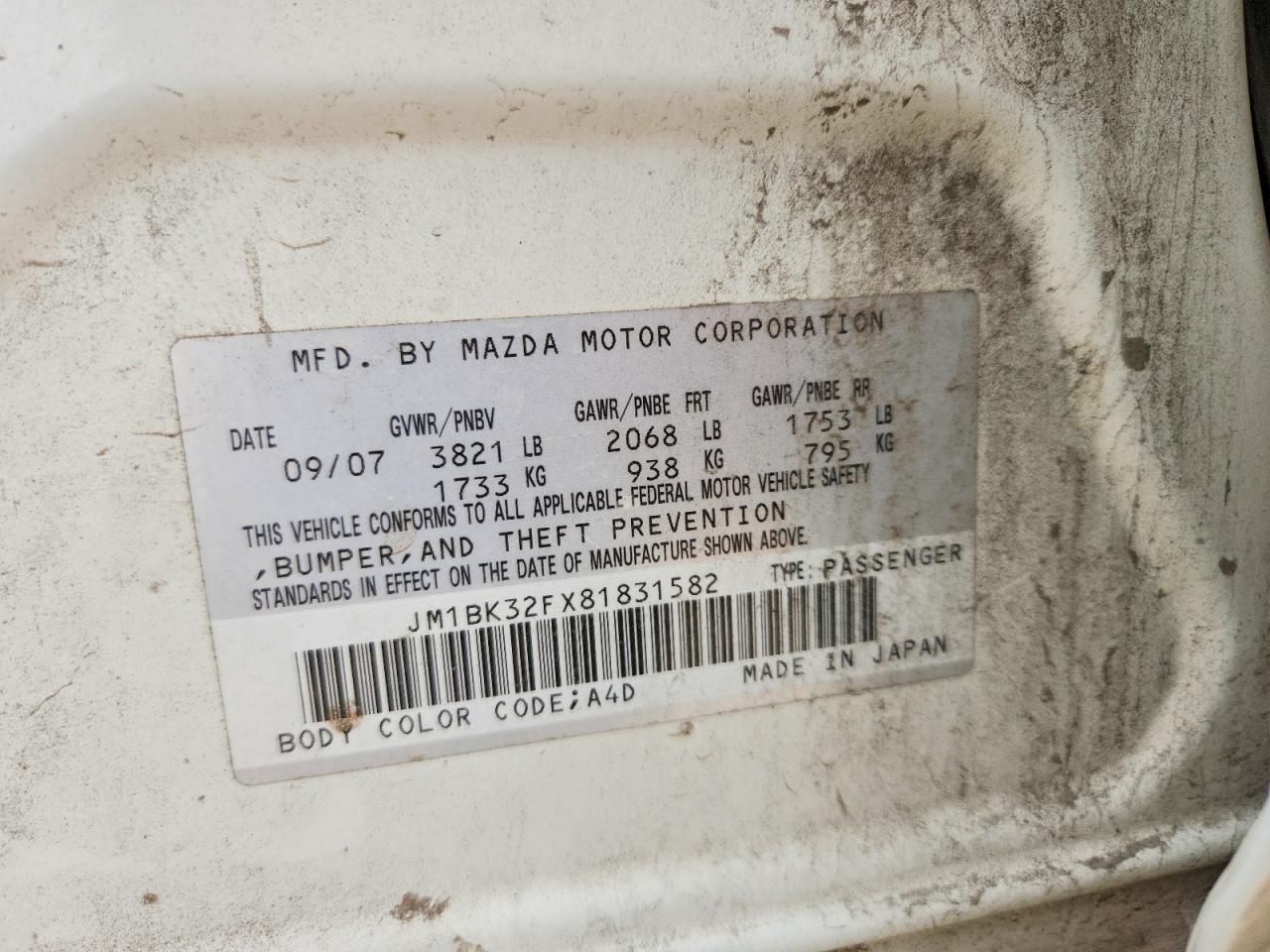 2008 Mazda 3 I White vin: JM1BK32FX81831582
