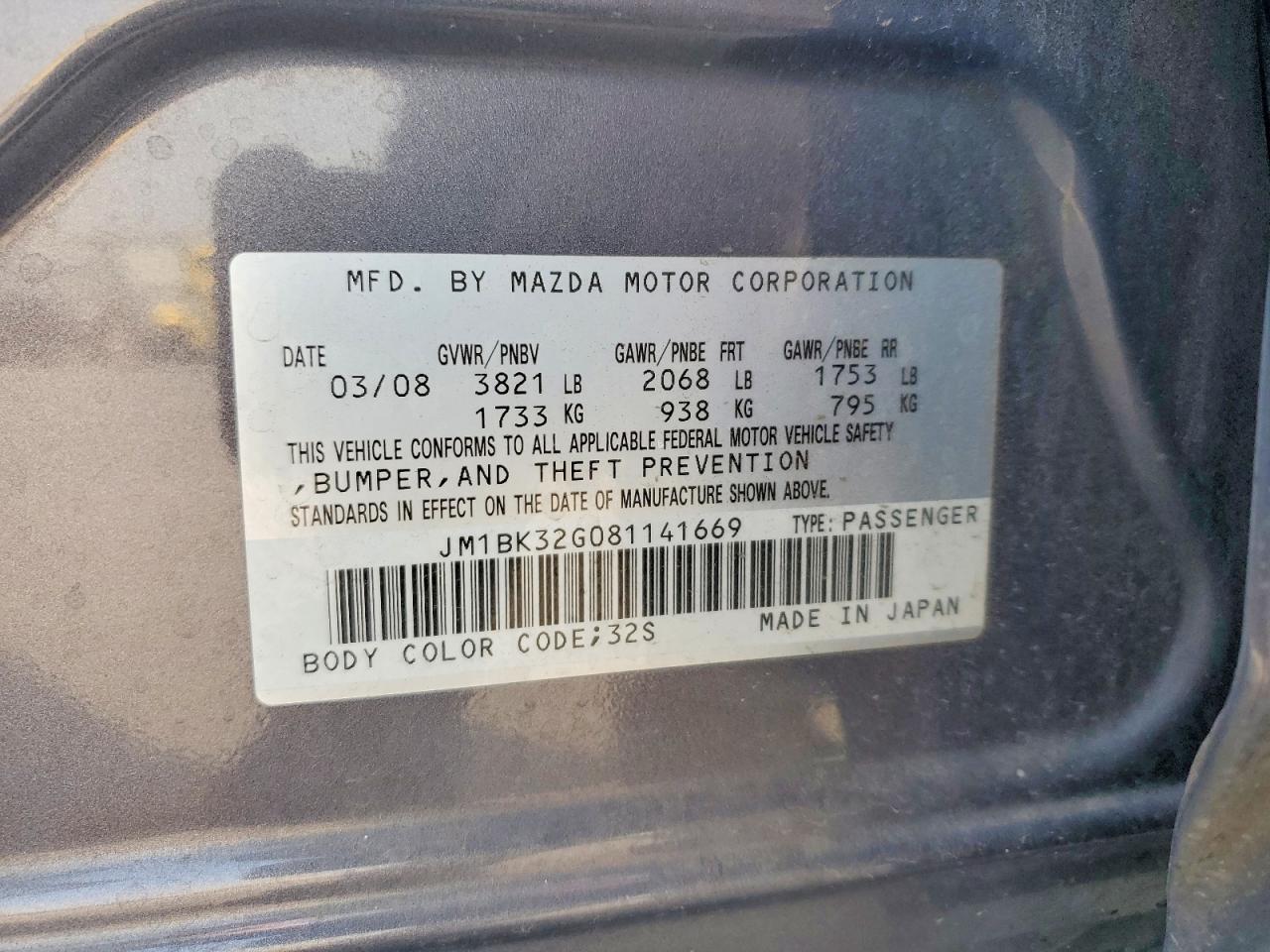 2008 Mazda 3 I Charcoal vin: JM1BK32G081141669