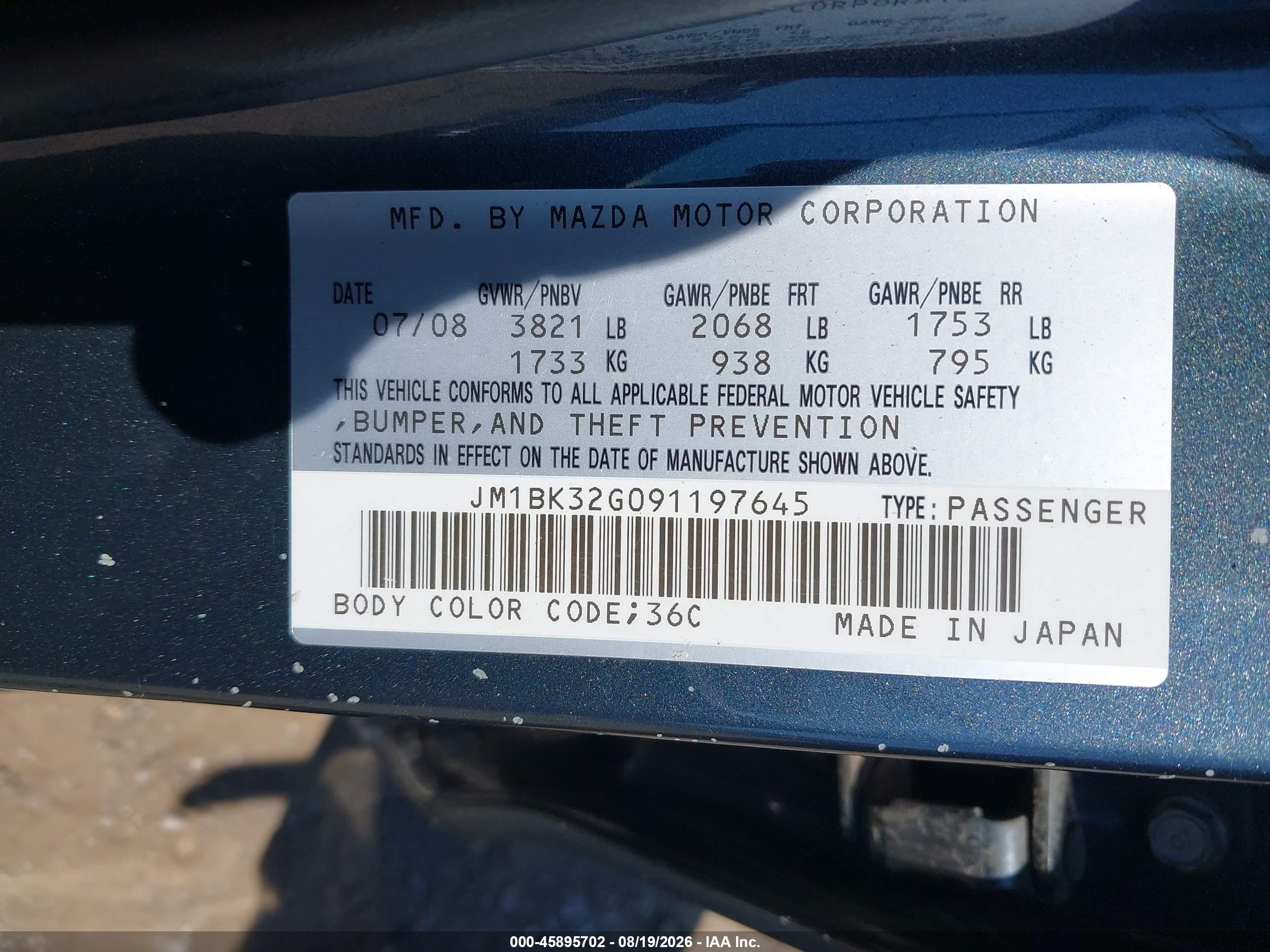 2009 Mazda 3 I Black vin: JM1BK32G091197645