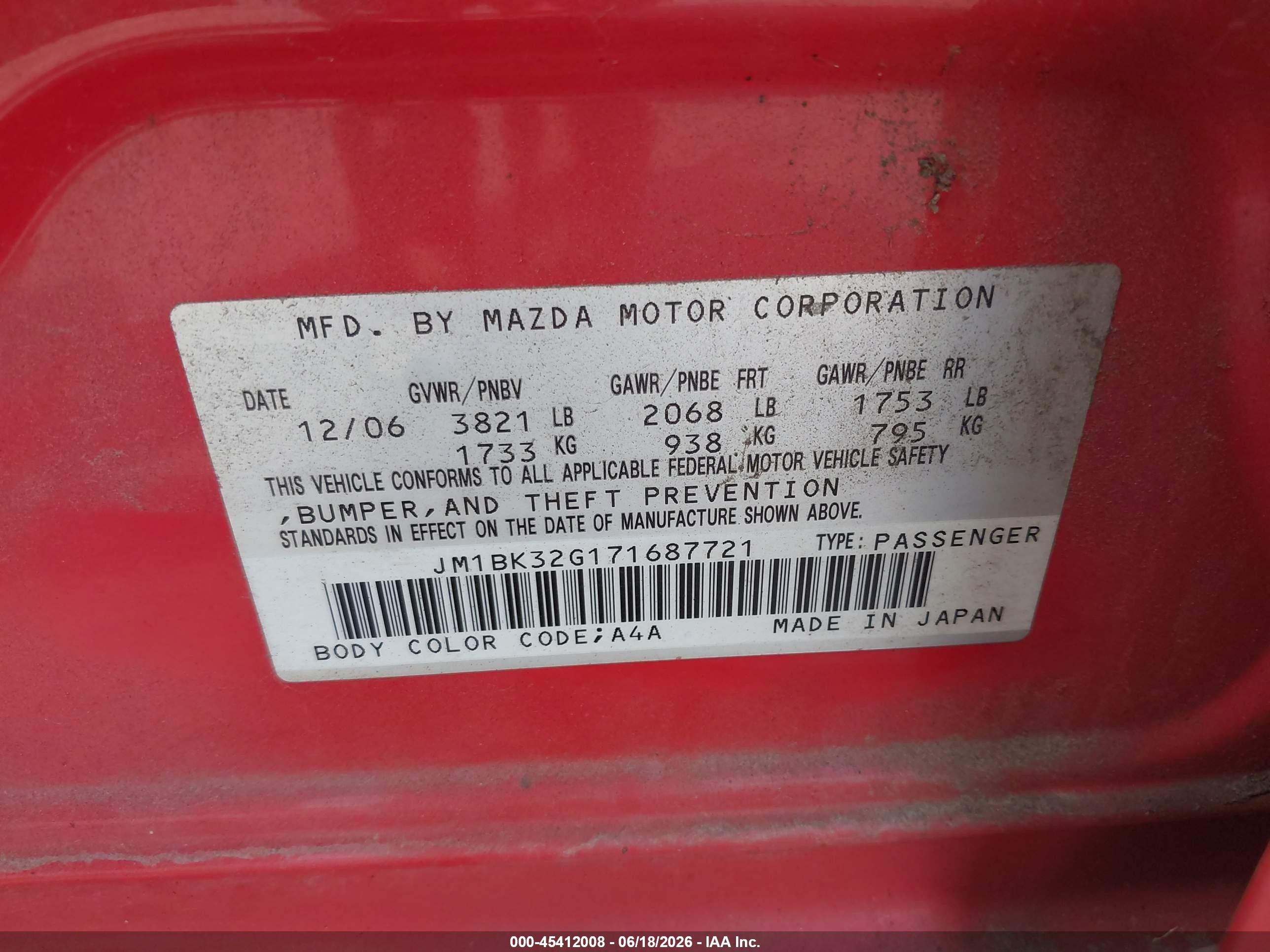 2007 Mazda Mazda3 I Red vin: JM1BK32G171687721