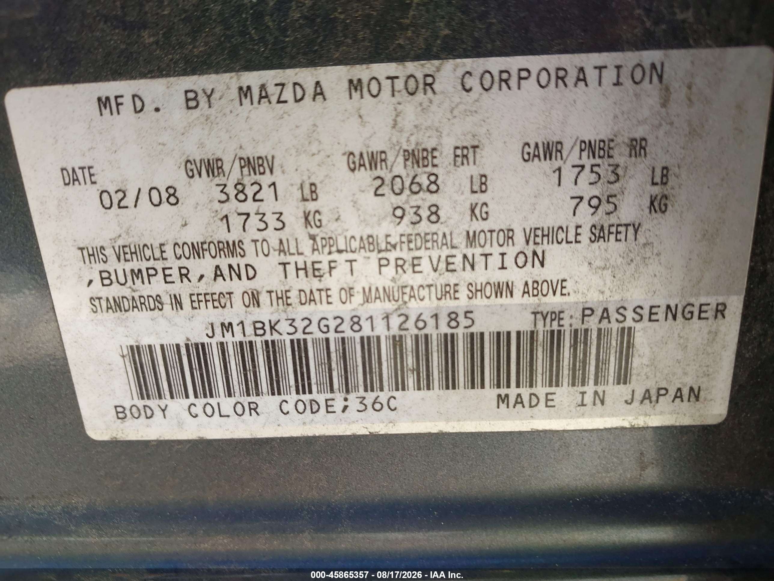 2008 Mazda Mazda3 I Touring Value Черный vin: JM1BK32G281126185