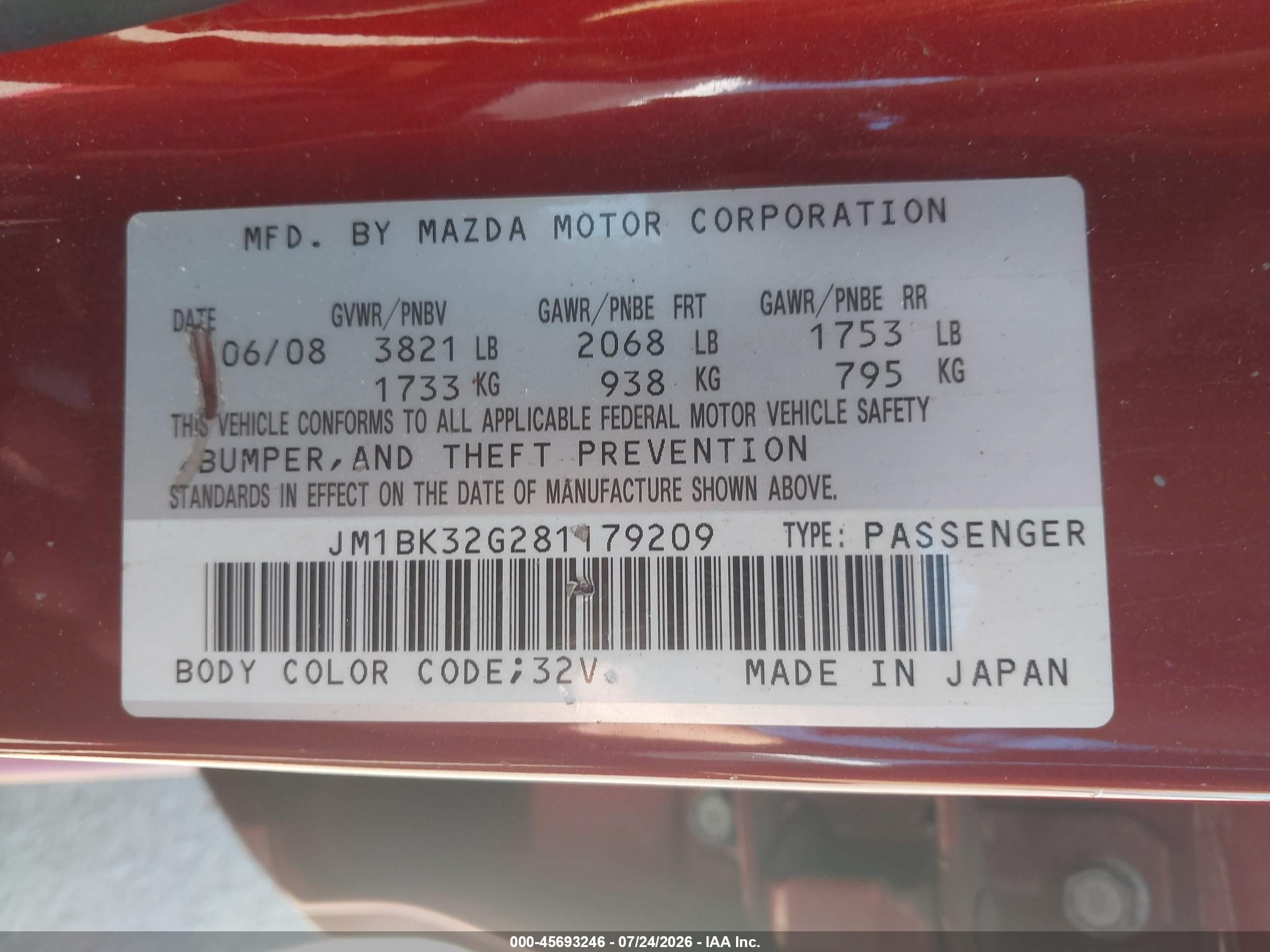 2008 Mazda Mazda3 I Touring Value Red vin: JM1BK32G281179209