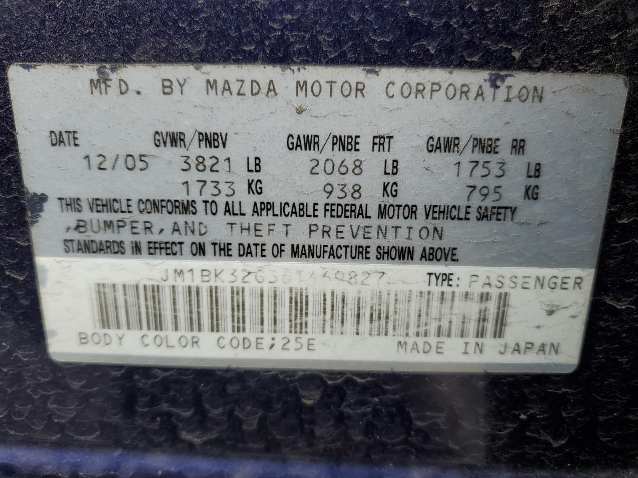 Price & History 2006 Mazda 3 I 2.0l 4 vin: JM1BK32G361469827