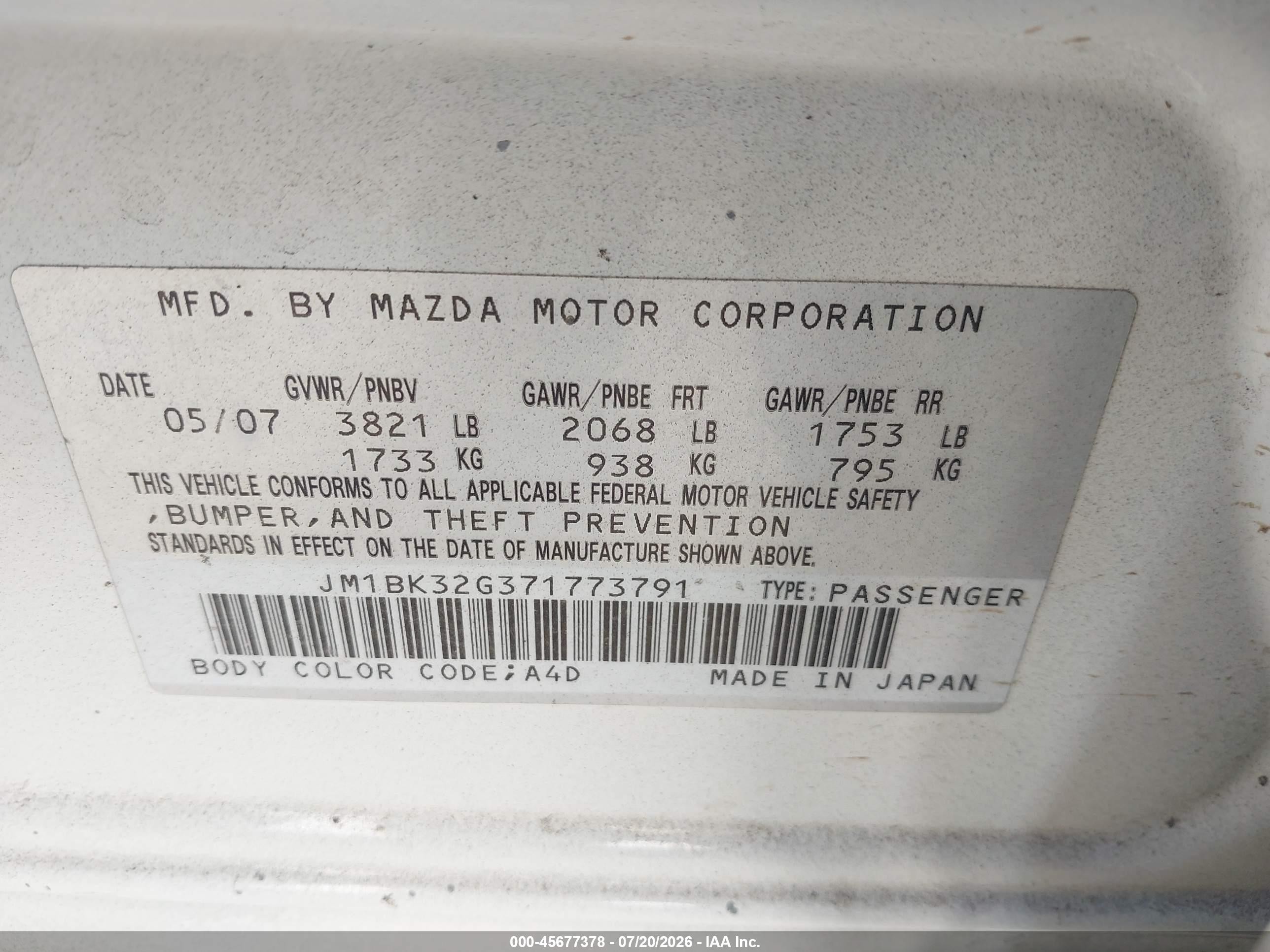 2007 Mazda Mazda3 I White vin: JM1BK32G371773791