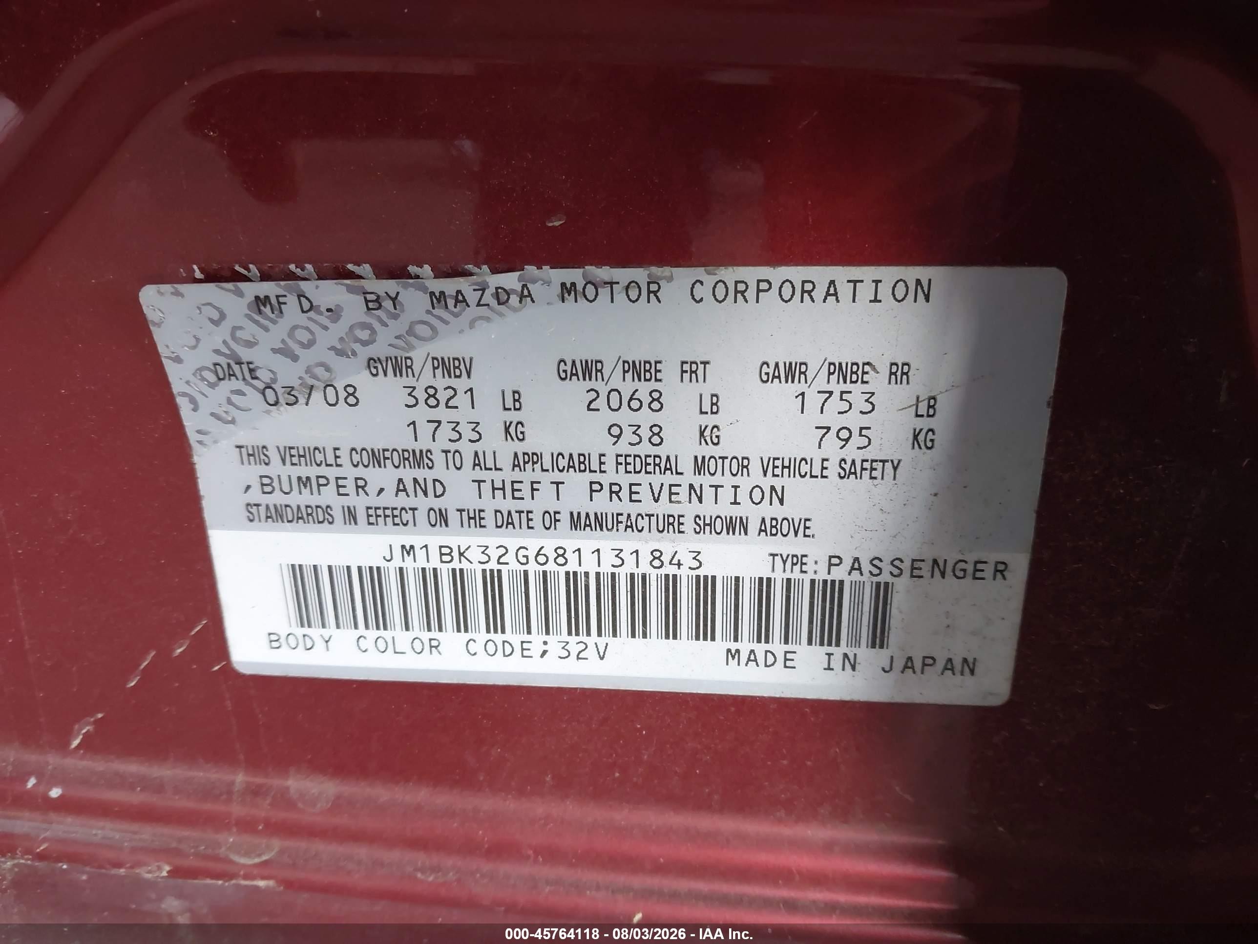 2008 Mazda Mazda3 I Sport Burgundy vin: JM1BK32G681131843