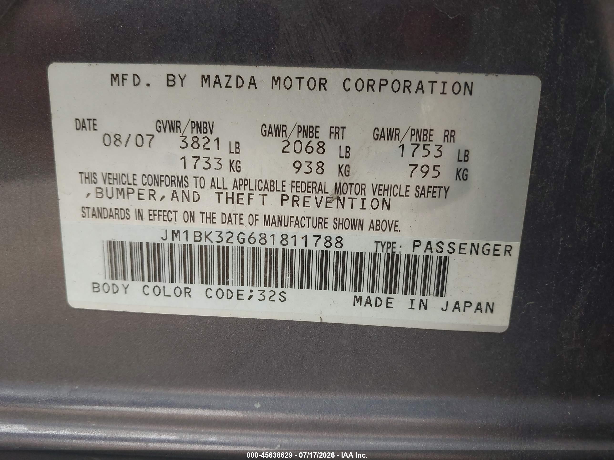 2008 Mazda Mazda3 I Gray vin: JM1BK32G681811788