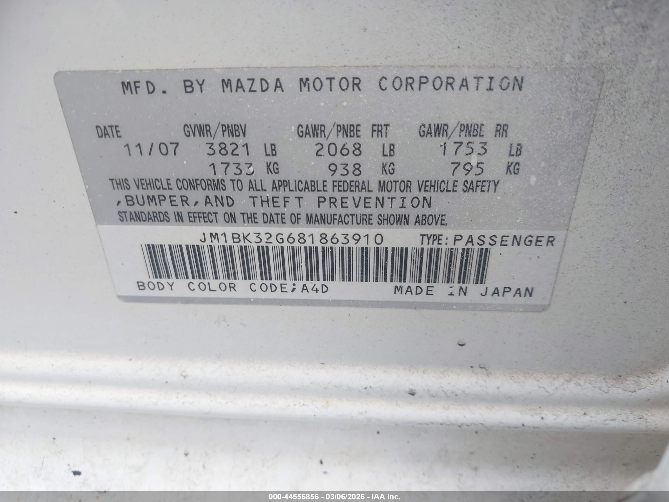 2008 Mazda Mazda3 I Sport White vin: JM1BK32G681863910