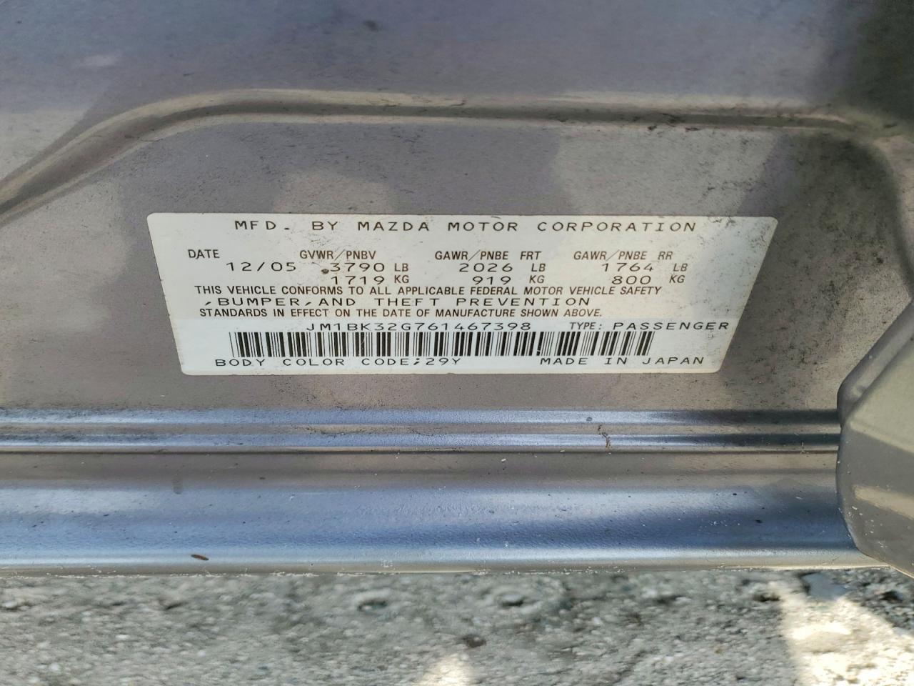 2006 Mazda 3 I Silver vin: JM1BK32G761467398