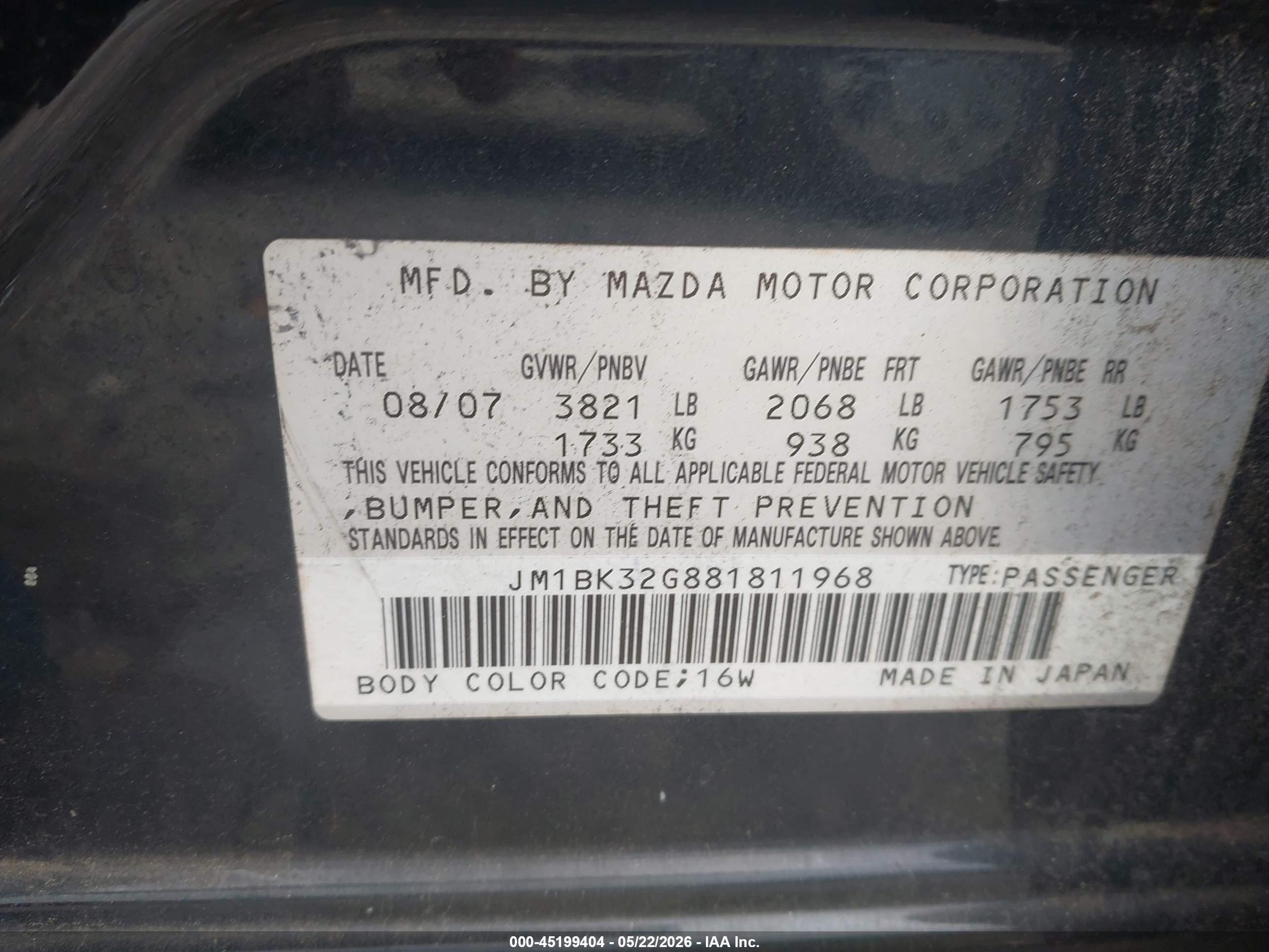 2008 Mazda Mazda3 I Black vin: JM1BK32G881811968