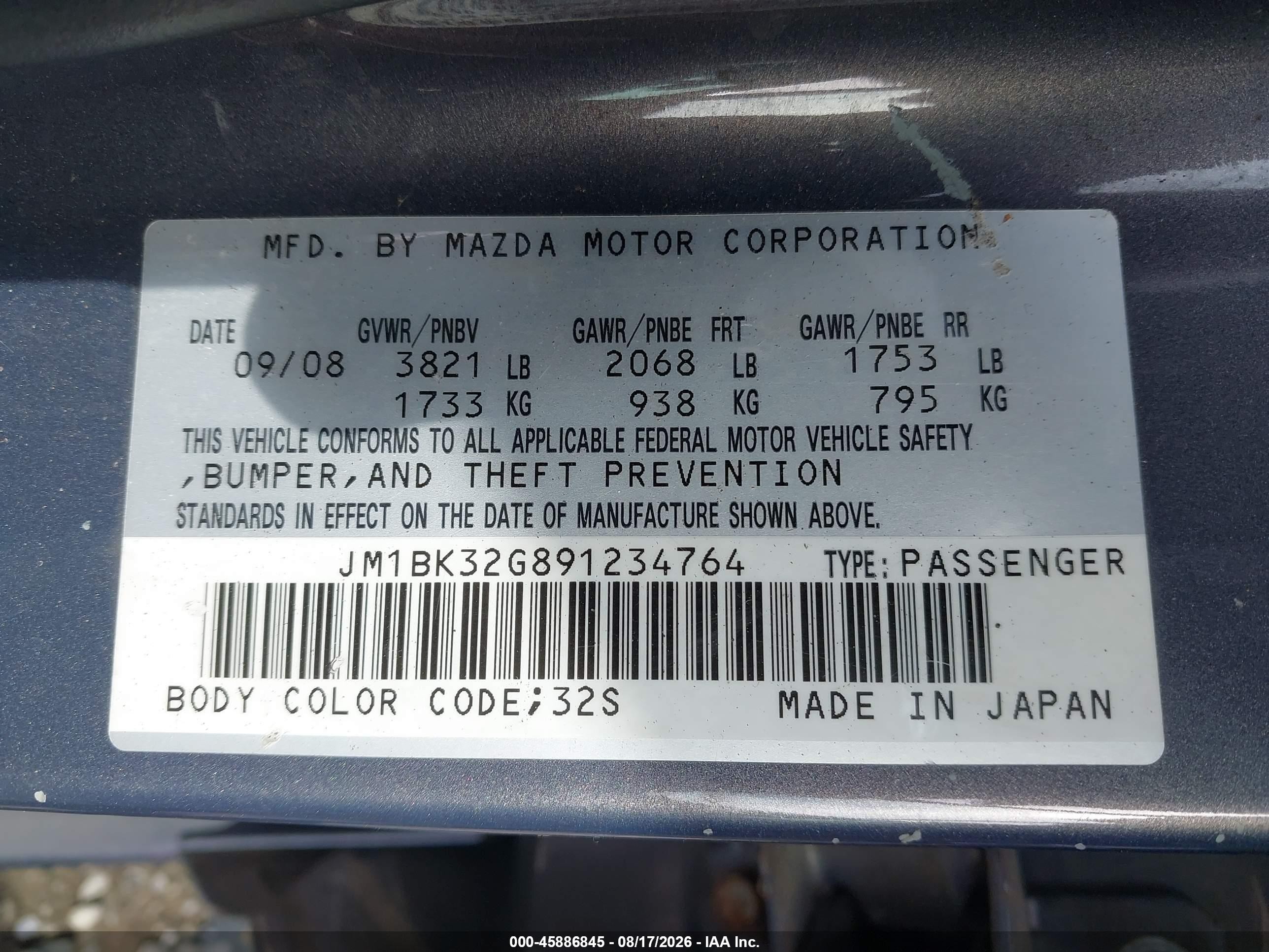 2009 Mazda Mazda3 I Gray vin: JM1BK32G891234764