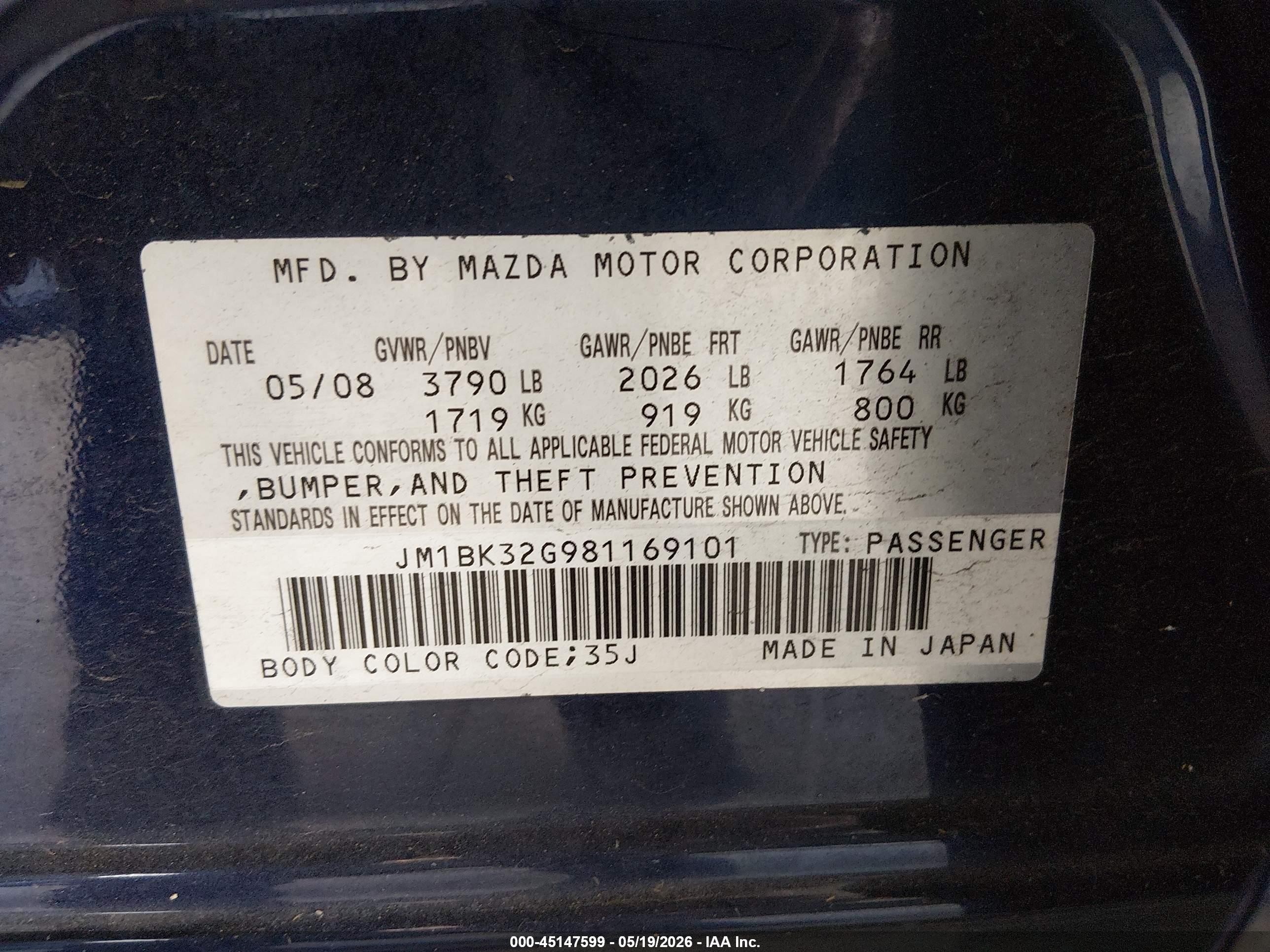 2008 Mazda Mazda3 I Touring Value Dark Blue vin: JM1BK32G981169101