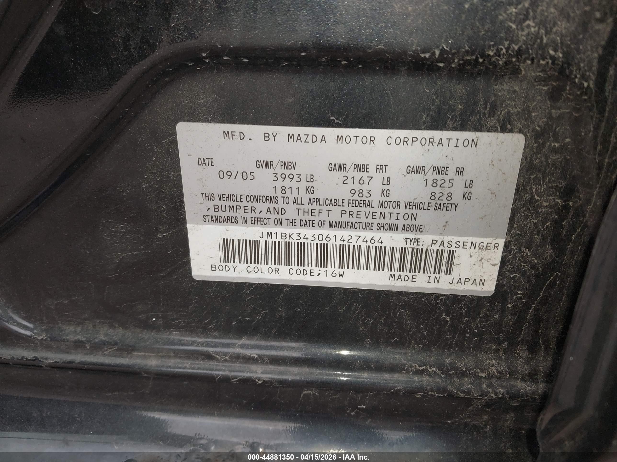 2006 Mazda Mazda3 S Touring Black vin: JM1BK343061427464