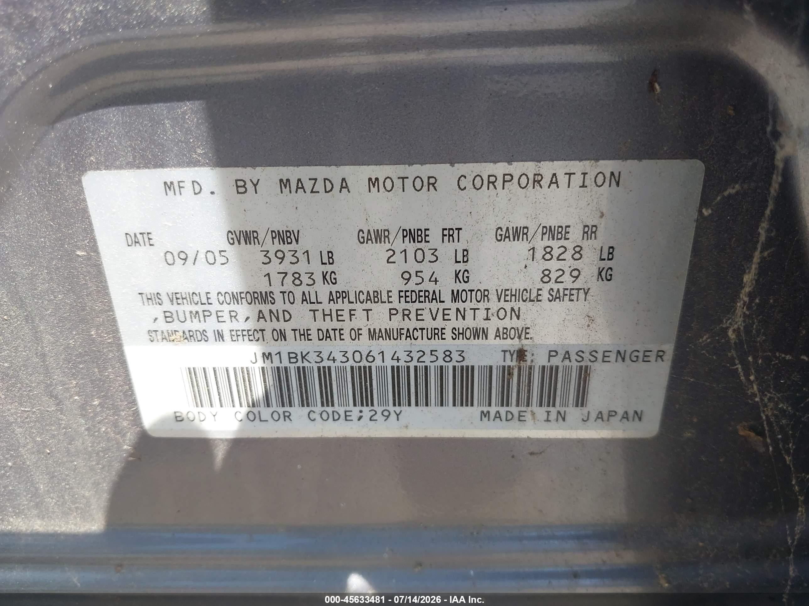 2006 Mazda Mazda3 S Touring Silver vin: JM1BK343061432583