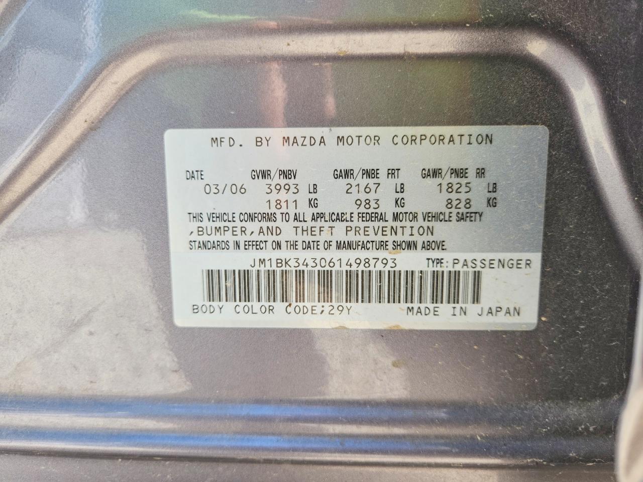 2006 Mazda 3 Hatchback Gray vin: JM1BK343061498793
