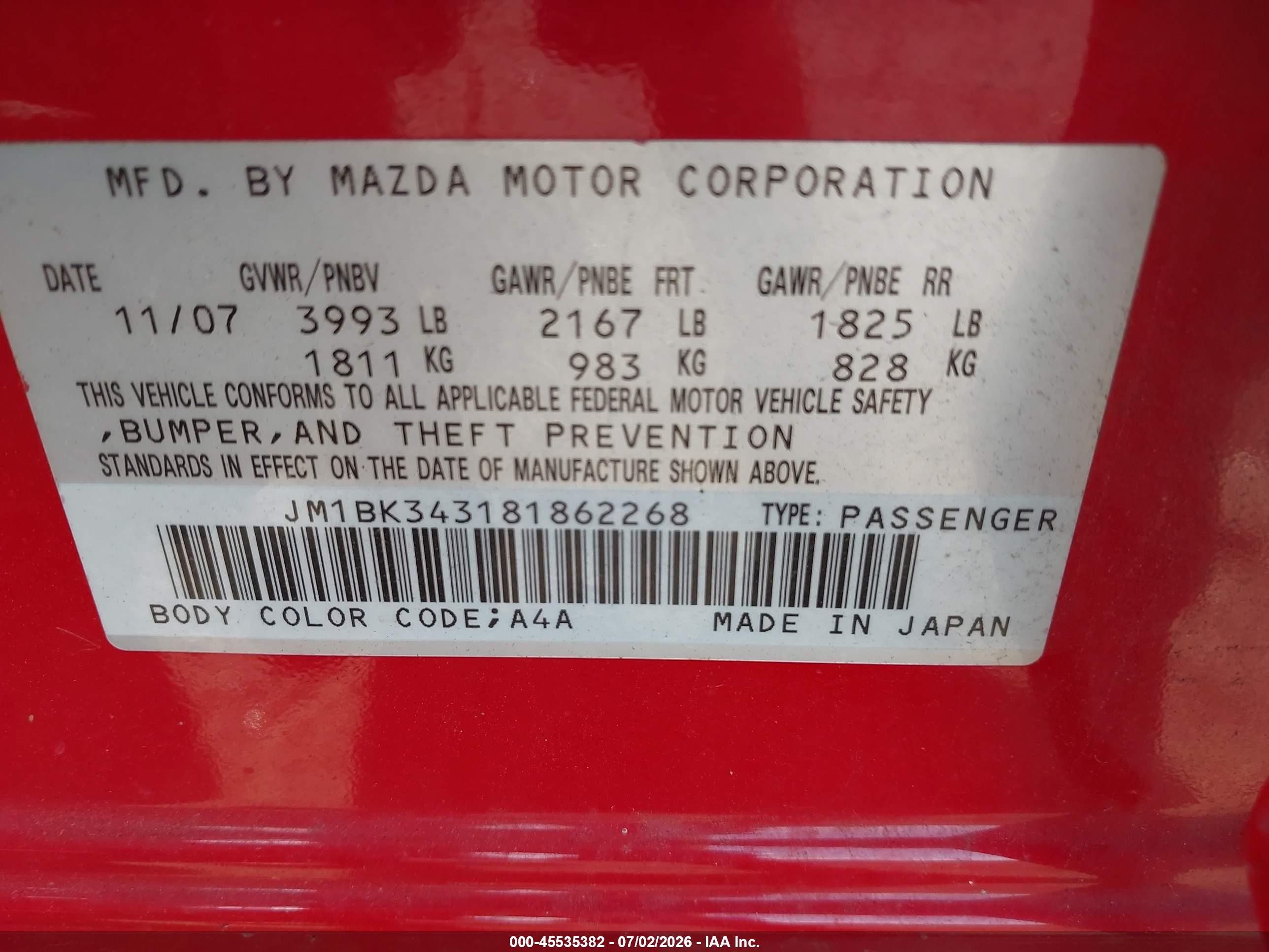 2008 Mazda Mazda3 S Grand Touring Red vin: JM1BK343181862268