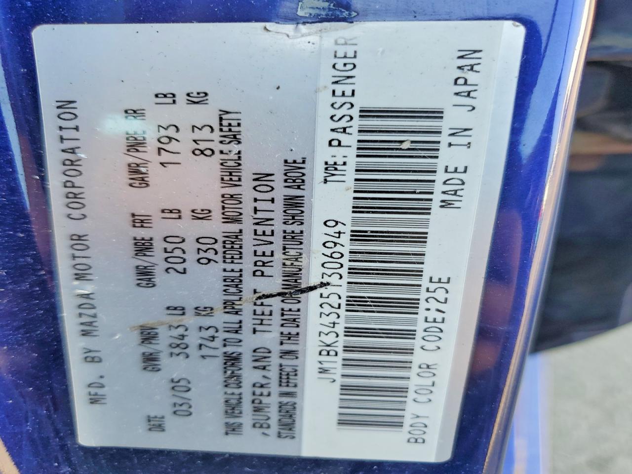 2005 Mazda 3 Hatchback Blue vin: JM1BK343251306949