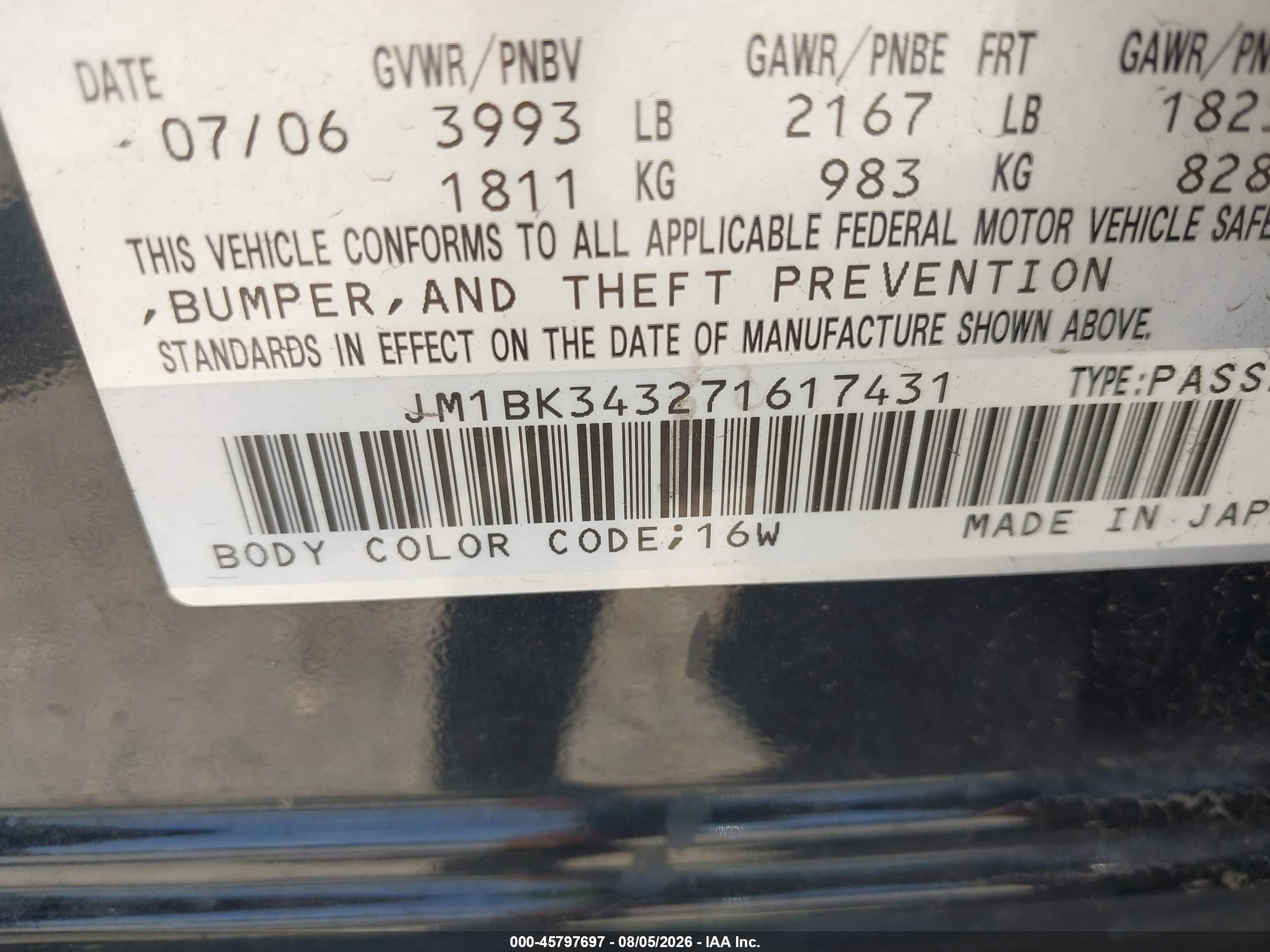 2007 Mazda Mazda3 S Grand Touring Black vin: JM1BK343271617431