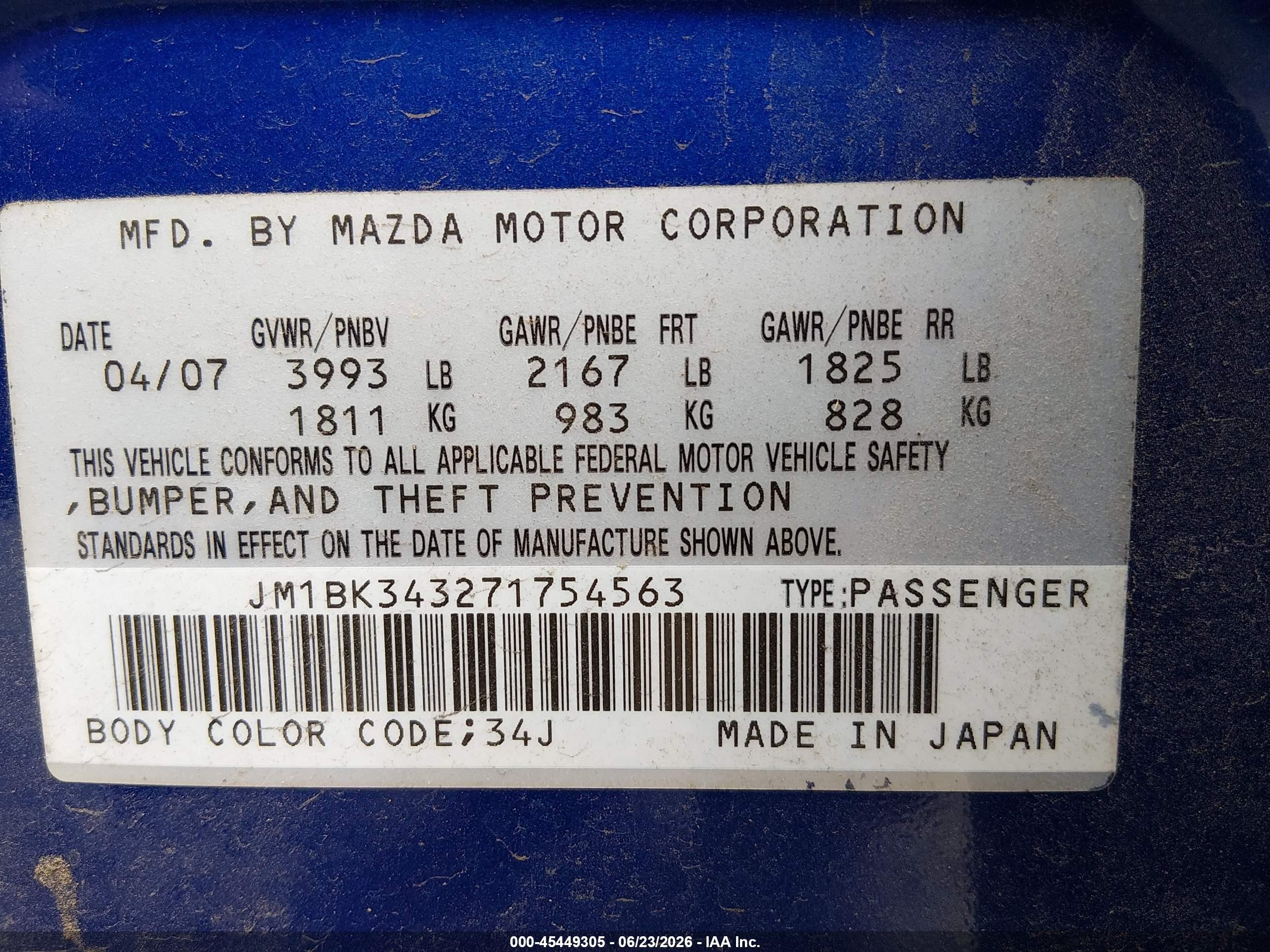 2007 Mazda Mazda3 S Touring Blue vin: JM1BK343271754563