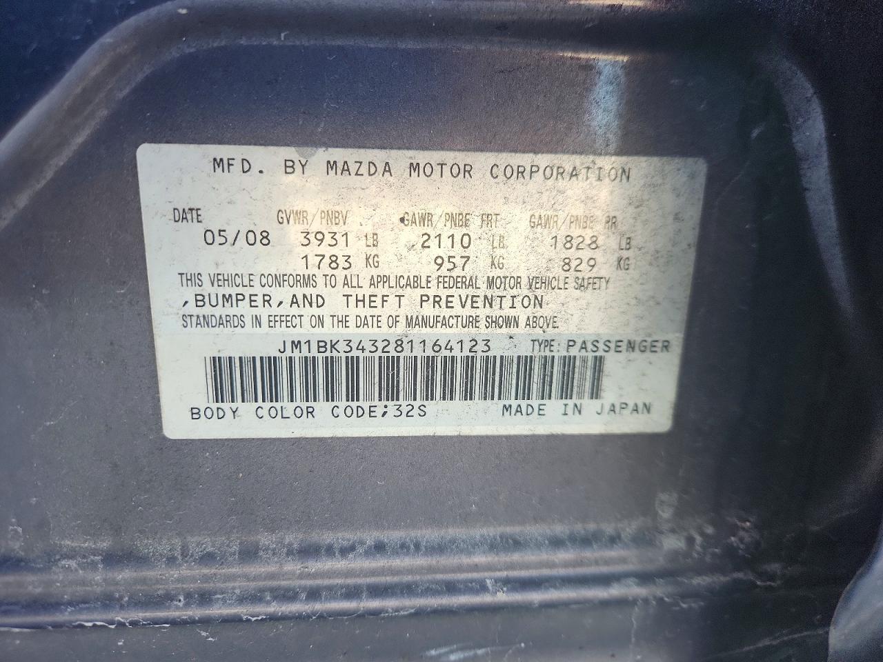 2008 Mazda 3 Hatchback Blue vin: JM1BK343281164123