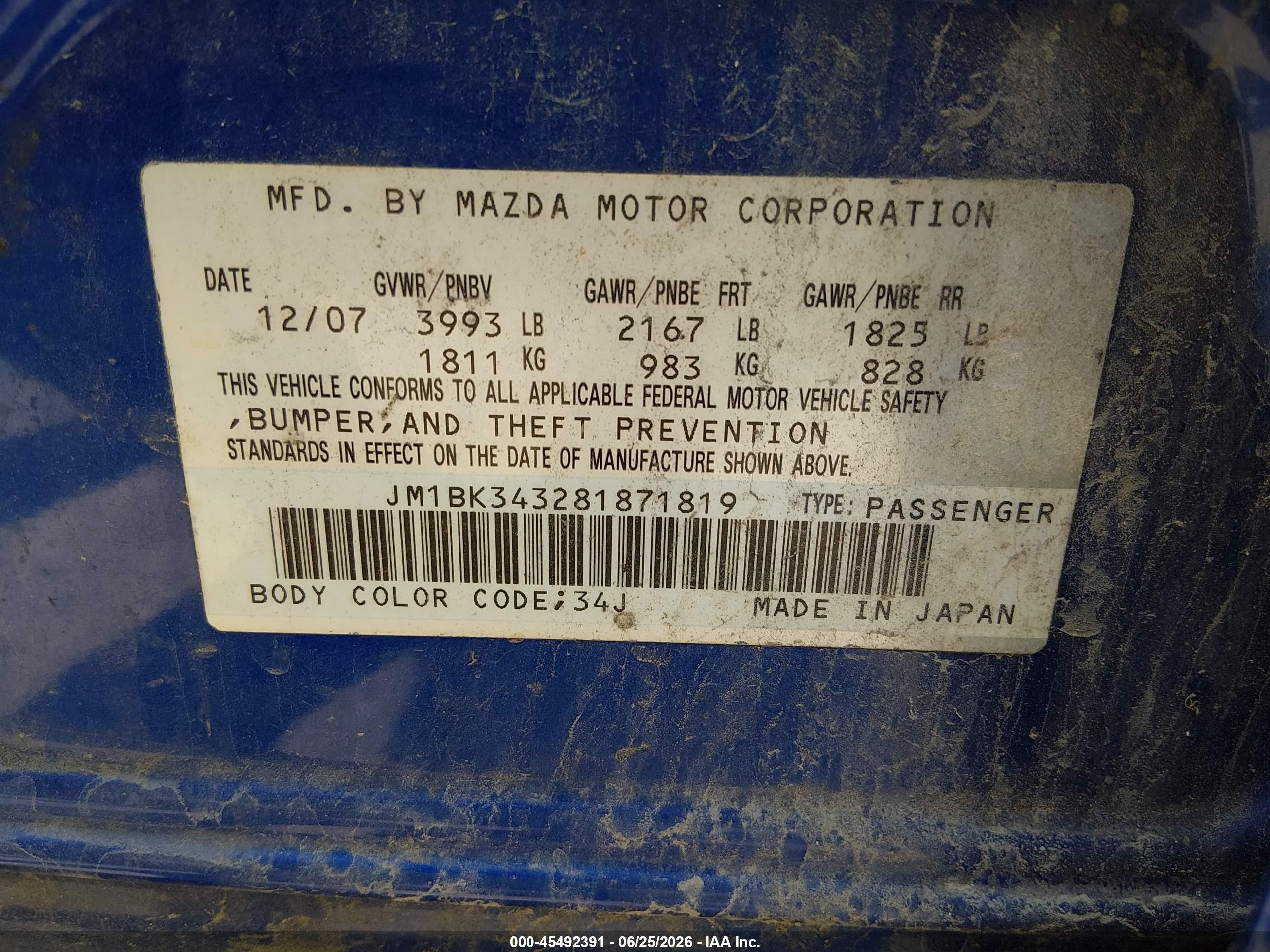 2008 Mazda Mazda3 S Sport Blue vin: JM1BK343281871819