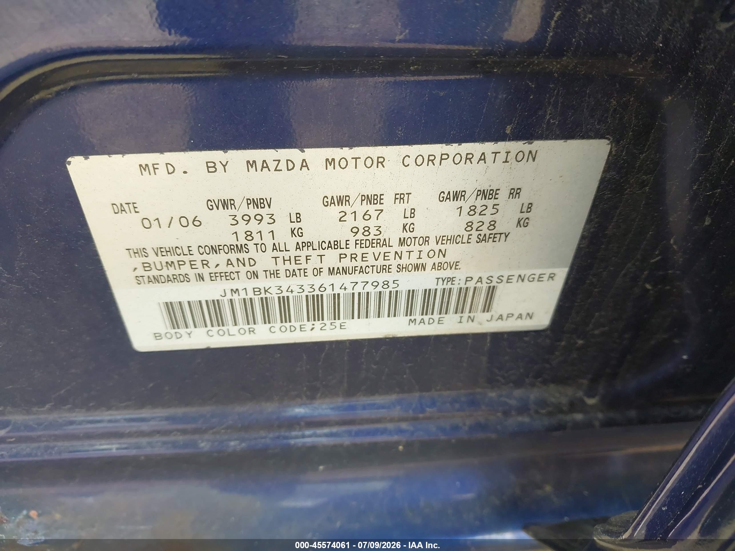 2006 Mazda Mazda3 S Touring Blue vin: JM1BK343361477985