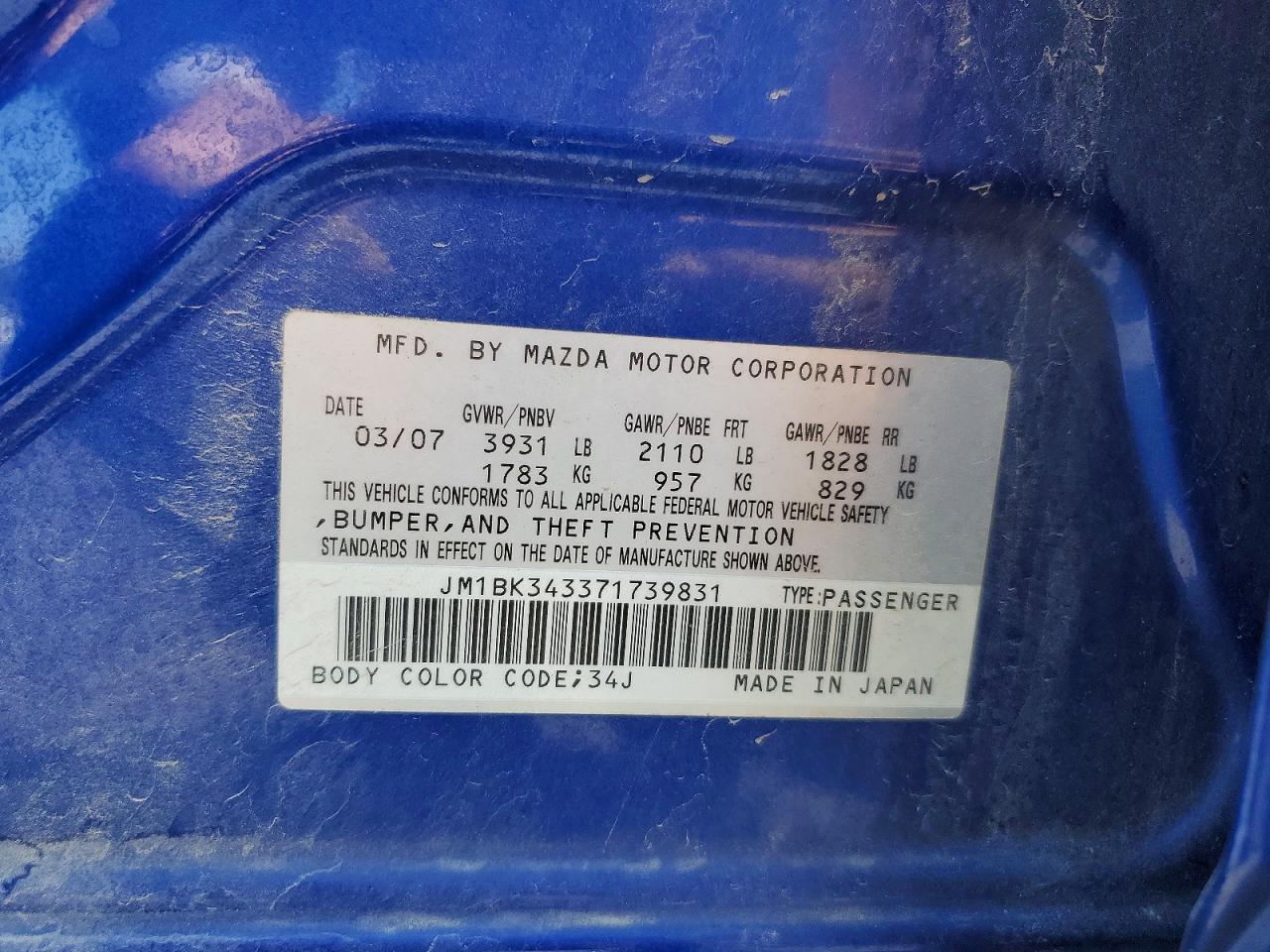 2007 Mazda 3 Hatchback Blue vin: JM1BK343371739831