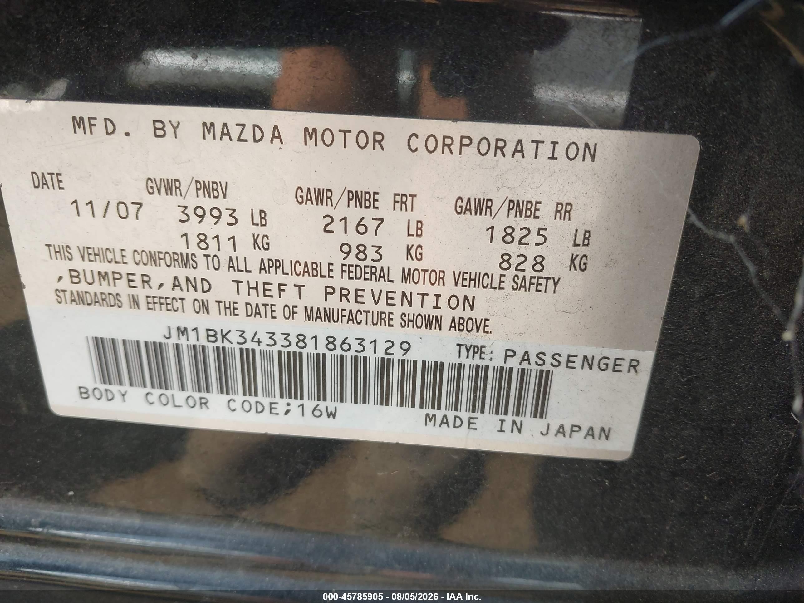 2008 Mazda Mazda3 S Touring Black vin: JM1BK343381863129
