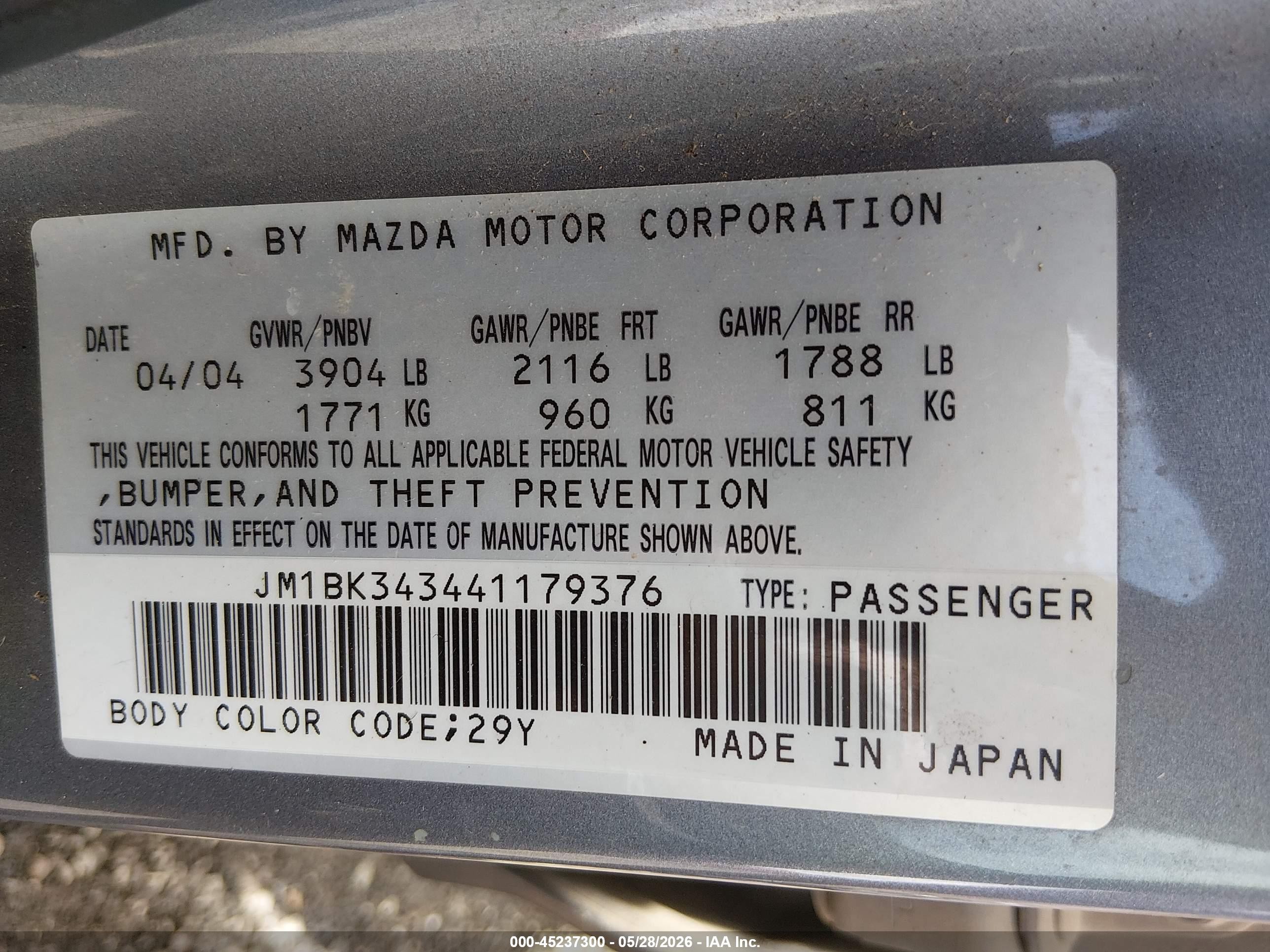 2004 Mazda Mazda3 S Gray vin: JM1BK343441179376